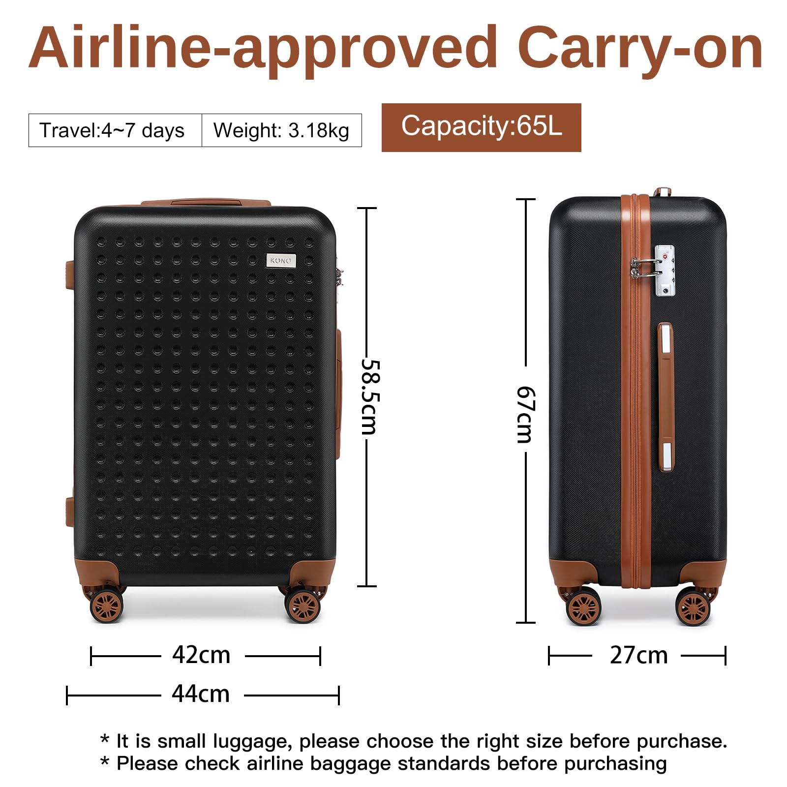 Kono Valigia Media da 67cm Trolley Bagaglio Rigida e Leggero Valigie con TSA Lucchetto e 4 Ruote Girevoli (Nero)