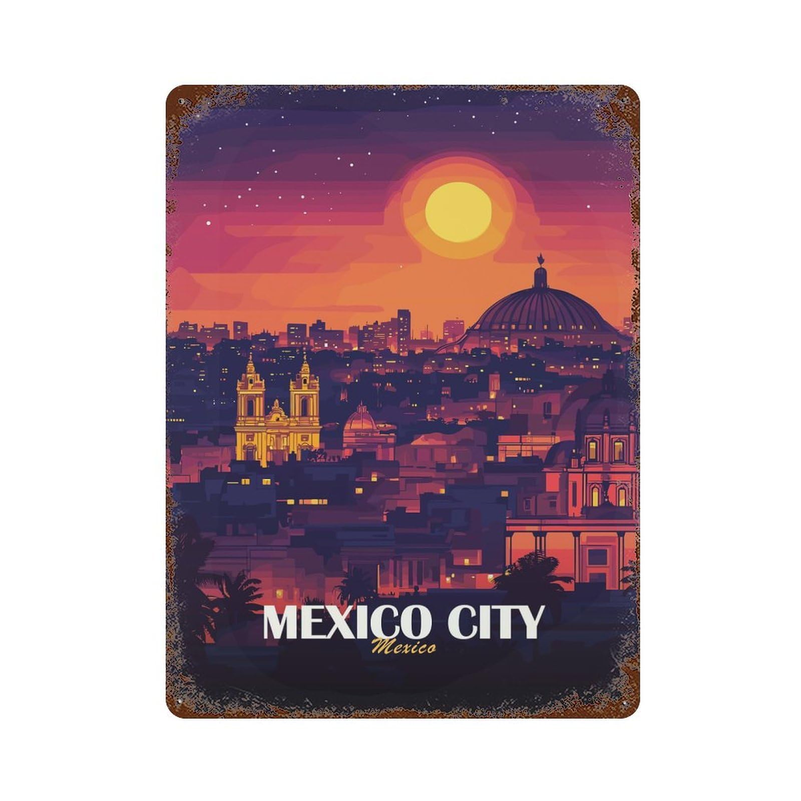 Garage Style Mexico City Skyline at Sunset Distressed Metal Wall Sign 15.7"x11.8", Decorative Metal Wall Art for Bar And Workshop