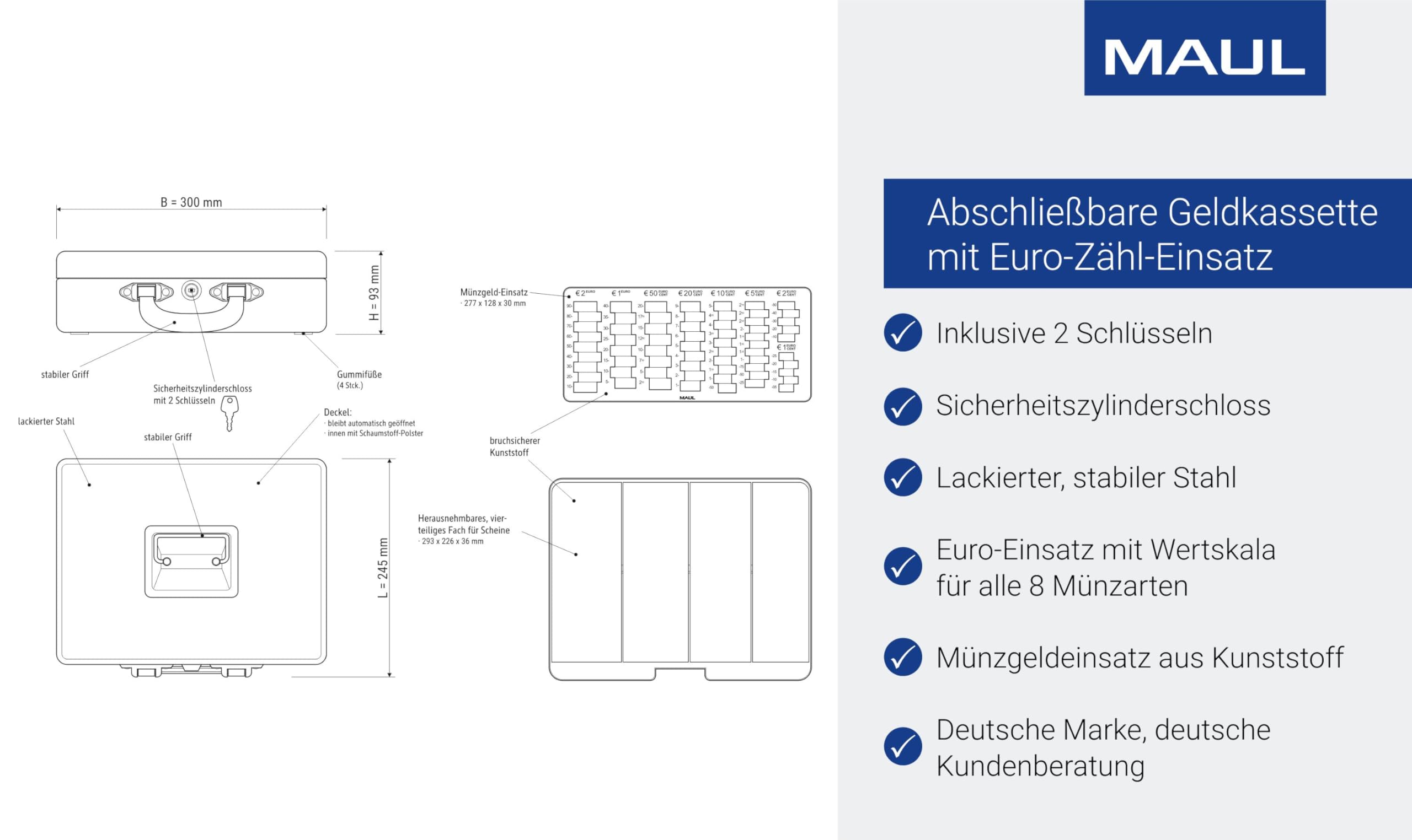 MAUL Geldkassette rot mit Zähleinsatz Stahl abschließbar | schnelles Kassenhandling, geschützter Transport, Münzen und Scheine griffbereit, gepolsterter Einsatz, Deckel bleibt offen