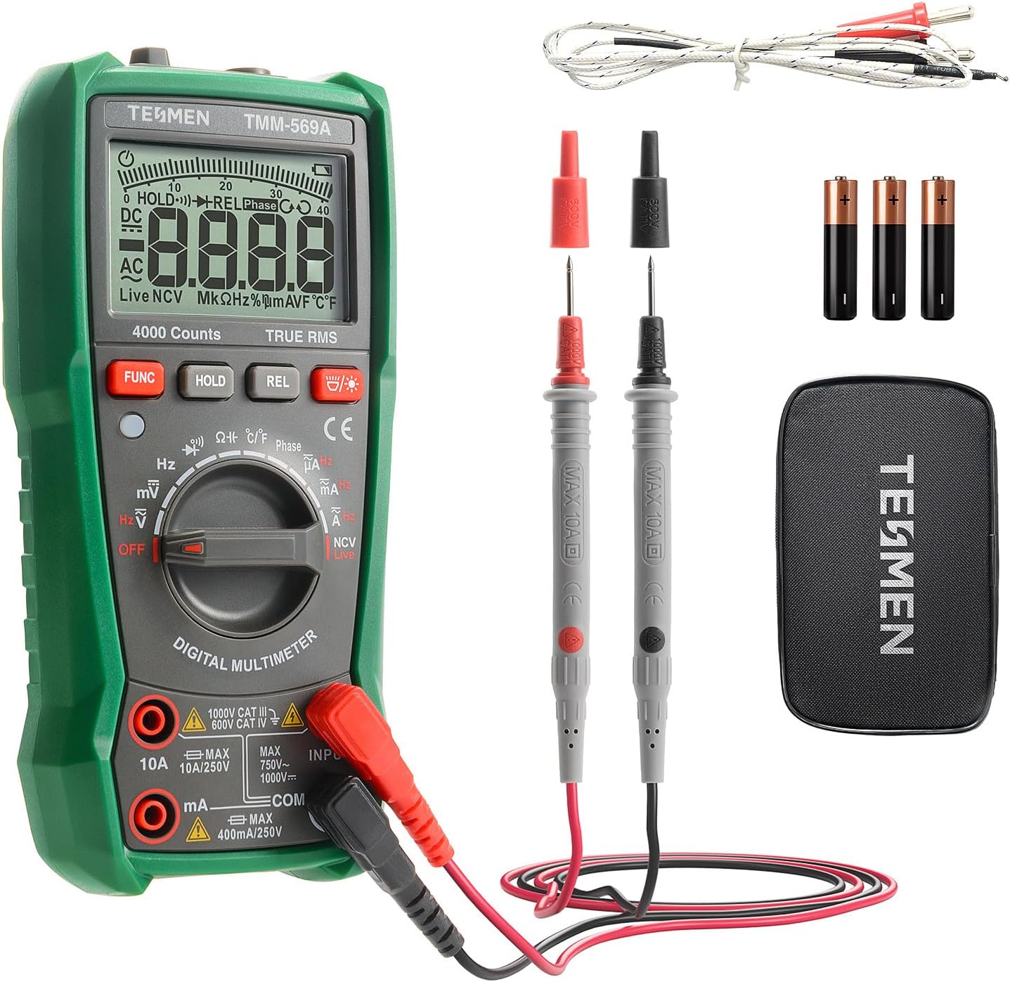 TESMEN TMM-569A Digital Multimeter, TRMS 4000 Counts Ohmmeter, Auto-Ranging Voltage Tester with NCV, Voltage & Current, Resistance, Continuity, Diode, Capacitance, Phase, Temperature, Live Wire -Green