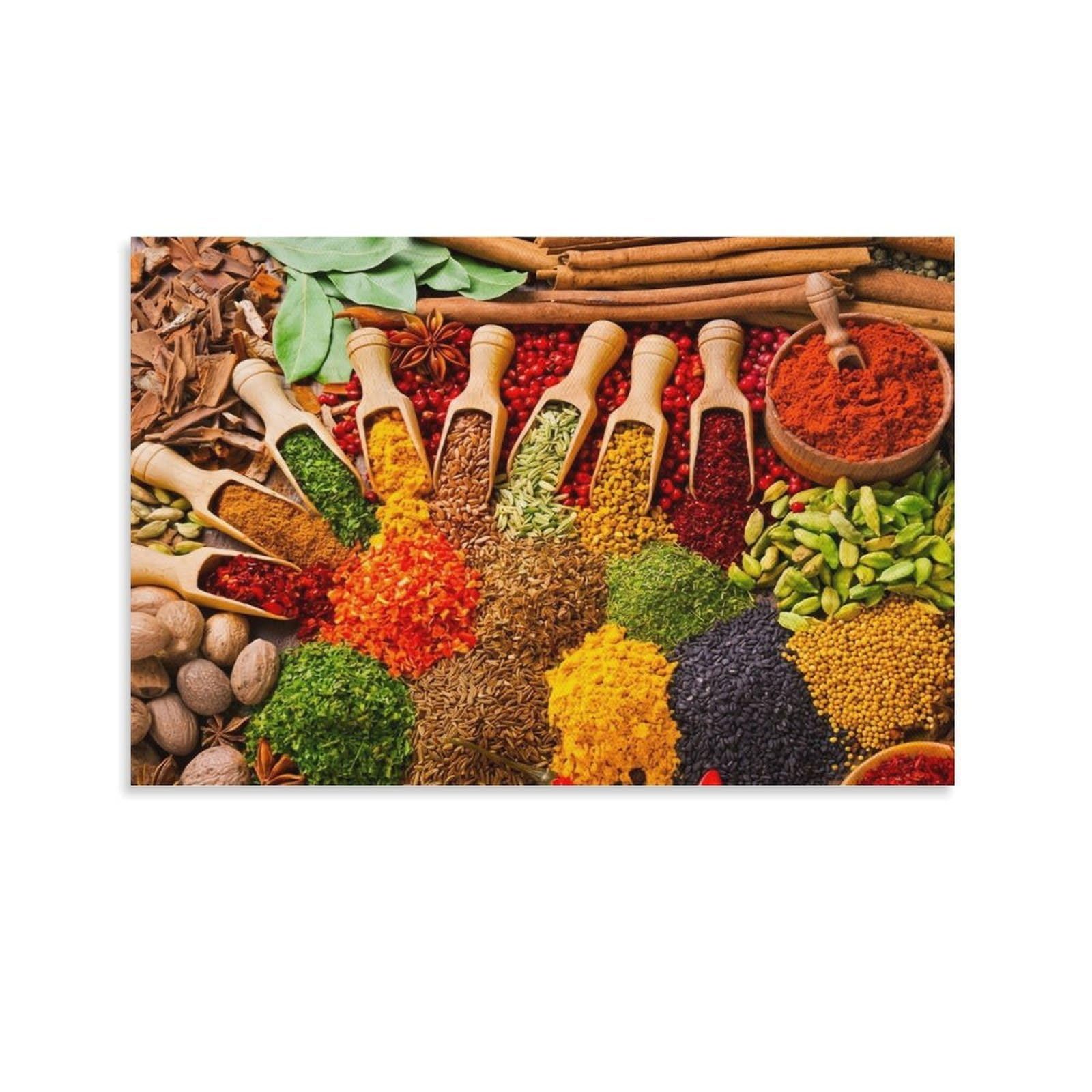 CPLVKWRQJ Spices Collection Single Piece Multicolored Spices Arranged with Wooden Scoops Canvas Wall Hanging - Nursery Space Saving Removable Ready to Hang Decor 24x36inch(60x90cm)