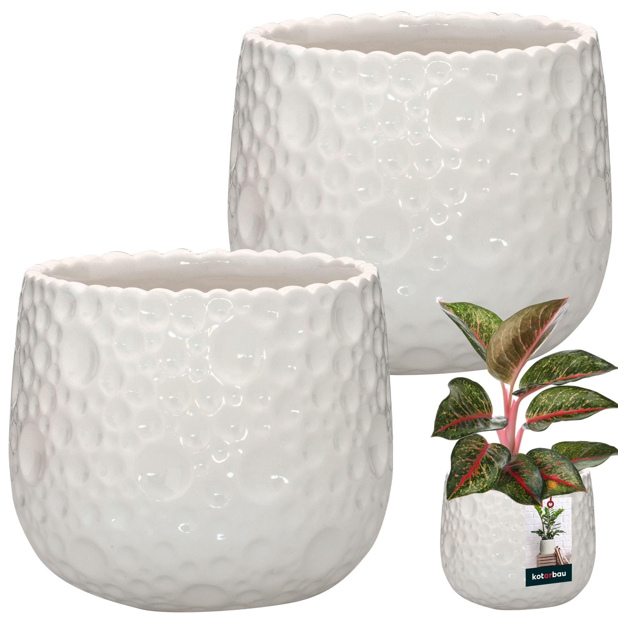 KOTARBAU Lot de 2 Pots de Fleurs Ronds en céramique, diamètre : 12 cm, Hauteur : 12,5 cm, Blanc, Cache-Pot pour Plantes d'intérieur, Modernes, Petits Pots pour orchidées