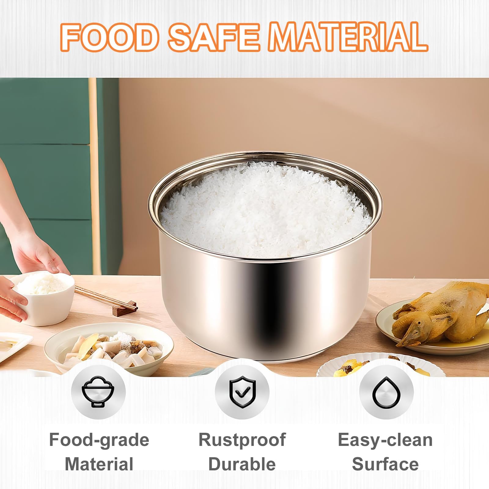 Rice Cooker Stainless Steel Inner Pot, Stainless Steel Inner Pot, Suitable for Various Brands of Rice Cooker Replacement Pots (Silver,5L (140mm height))