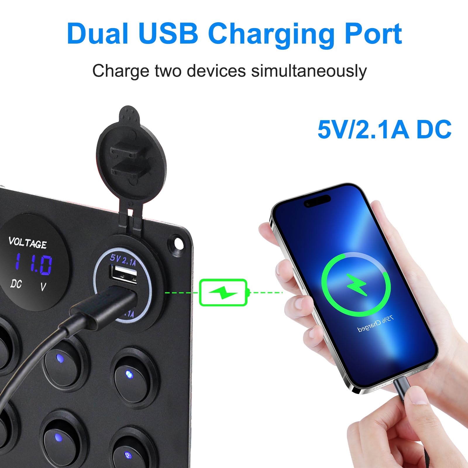 KAOLALI Pannello Interruttori 8 Gang 12V/24V, Interruttore a Levetta Impermeabile Porta caricatore USB 4.2A + Accendisigari + Voltmetro per Camper Roulotte Barche LED Blu