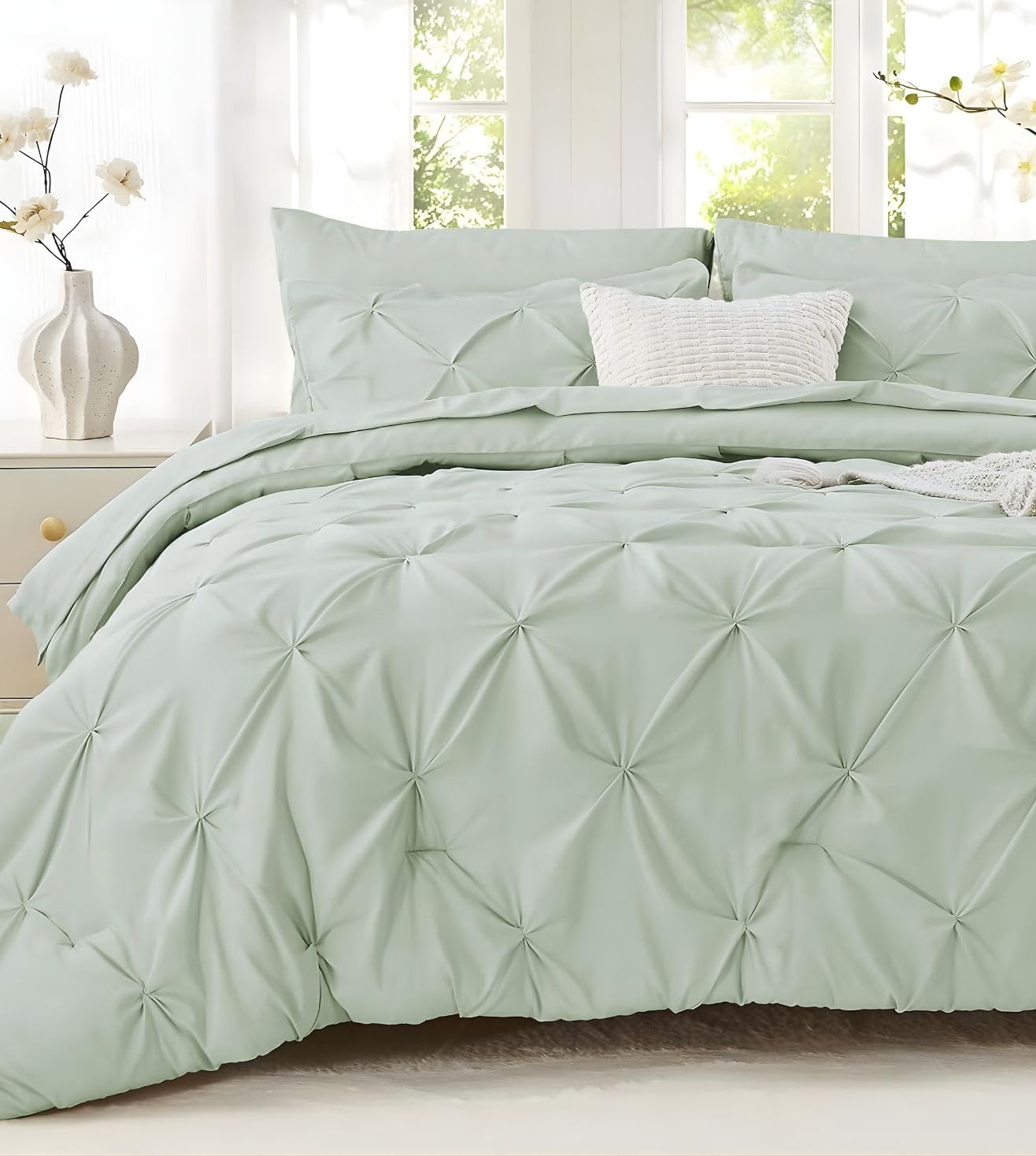 Marquis Pinch Pleat Sage Green Ac Comforter King Size with 2 Pillow Covers-image-36