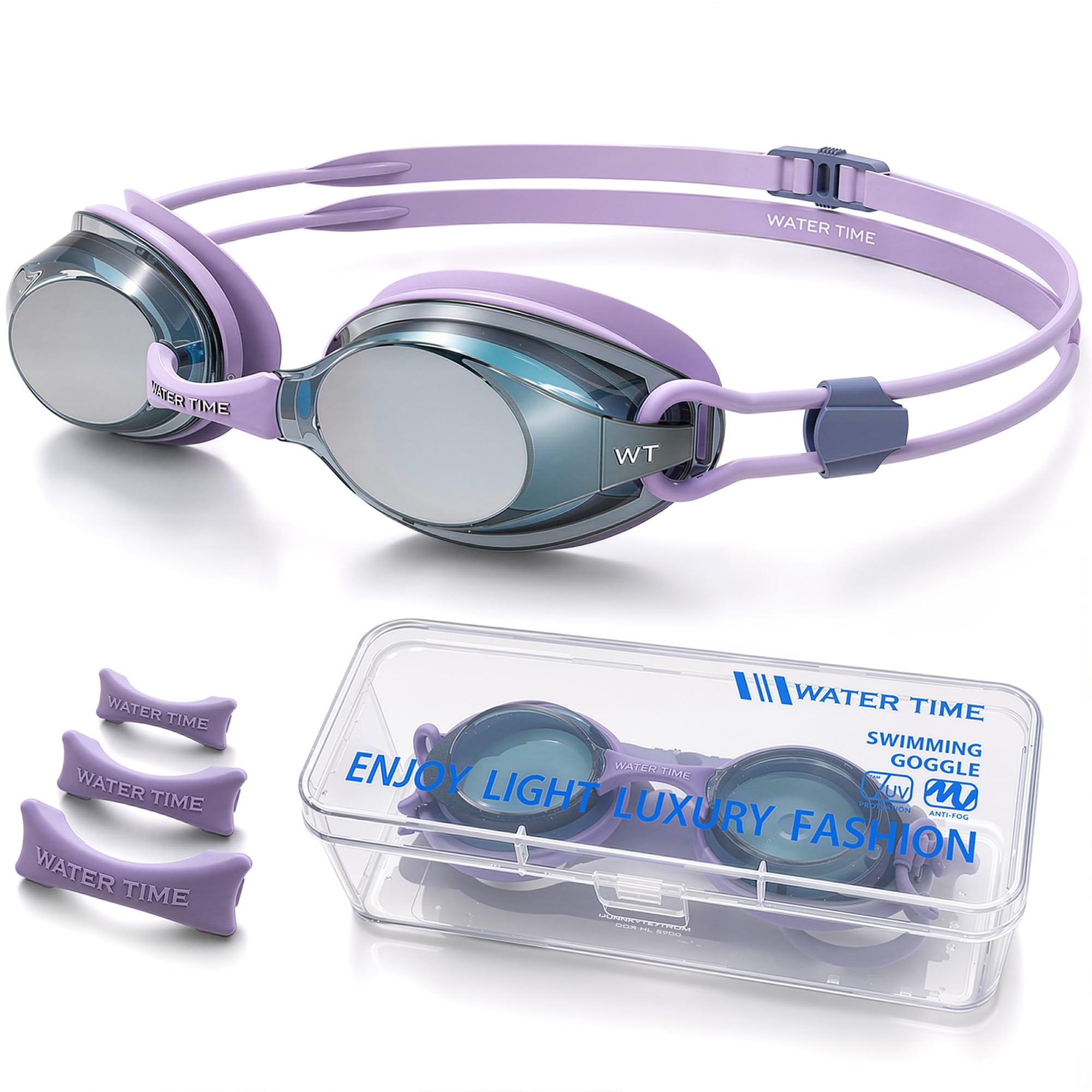WATER TIME Racing Goggles – Long‑Lasting Anti‑Fog, Narrow‑Profile Frame, REVO Mirror, Secure Fit for Competitive Swimmers, Purple