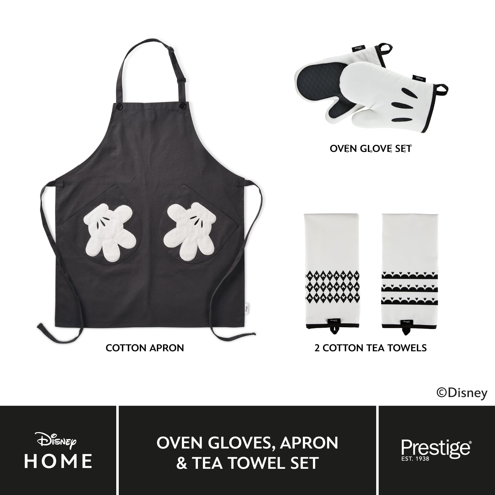 Prestige Disney - Set da cucina monocromatico in tessuto, grembiule e guanti da forno con strofinaccio, set da 2 pezzi, colore: bianco e nero