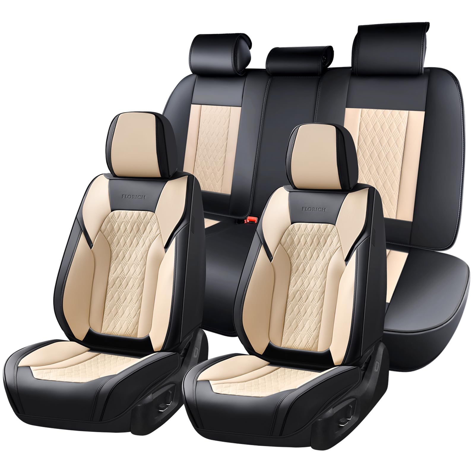 FLORICH Seat Covers, Car Seat Covers Full Set, Luxury Nappa Leather Seat Covers, Breathable and Waterproof Car Seat Protector 5 Seat, Automotive Seat Covers Universal Fit for Most Cars-Black&Beige