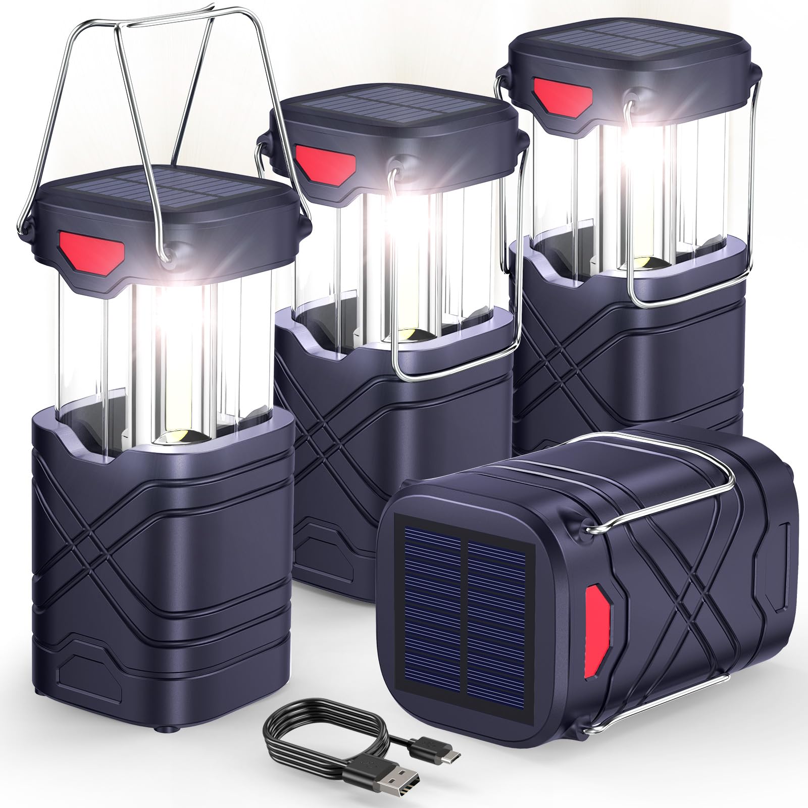 LETMY Confezione da 4 lanterne da campeggio, ricaricabili a LED, lanterne solari alimentate a batteria, con 3 vie alimentate e cavo USB per emergenze, interruzioni di corrente, blu navy