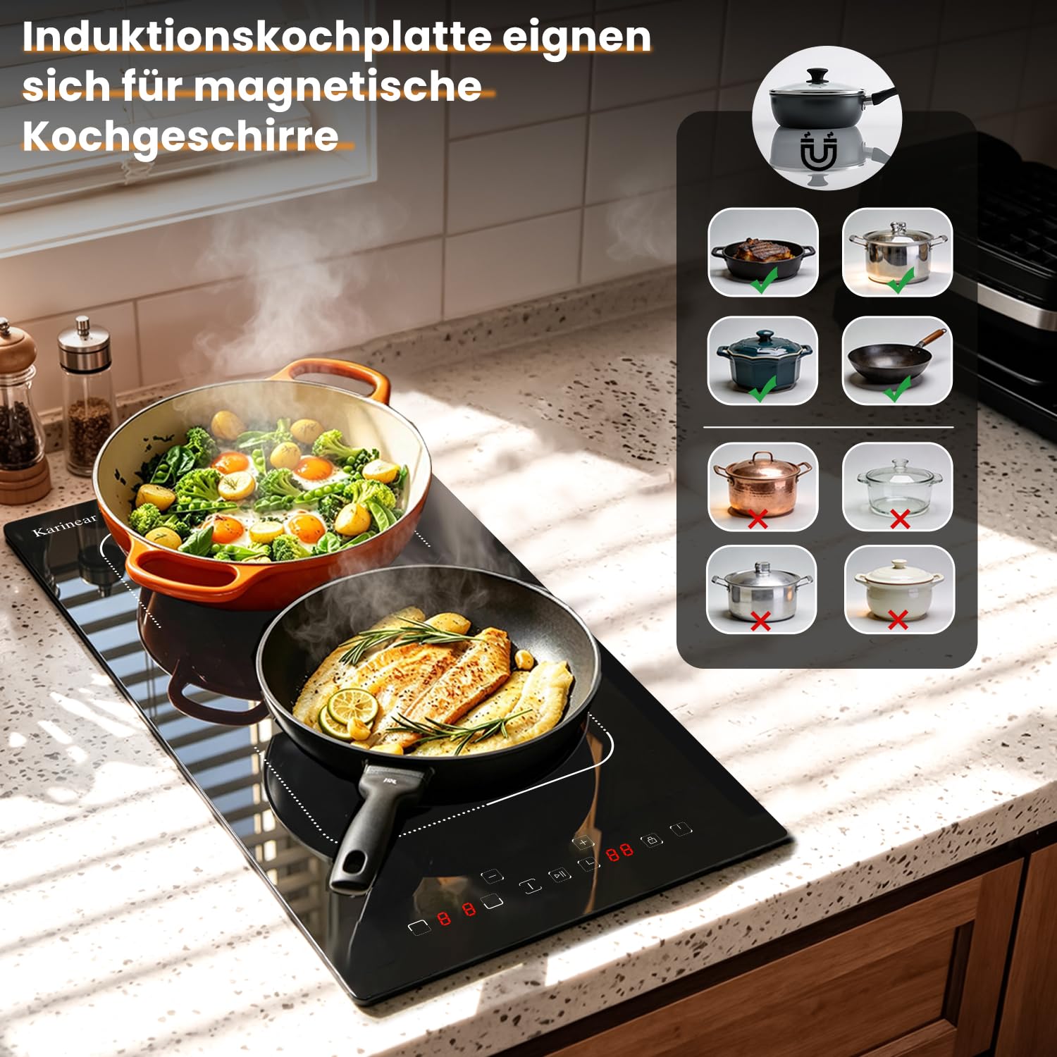 Karinear Induktionskochfeld 2 Platten 30CM Einbau Touch-Steuerung 240V mit Stecker