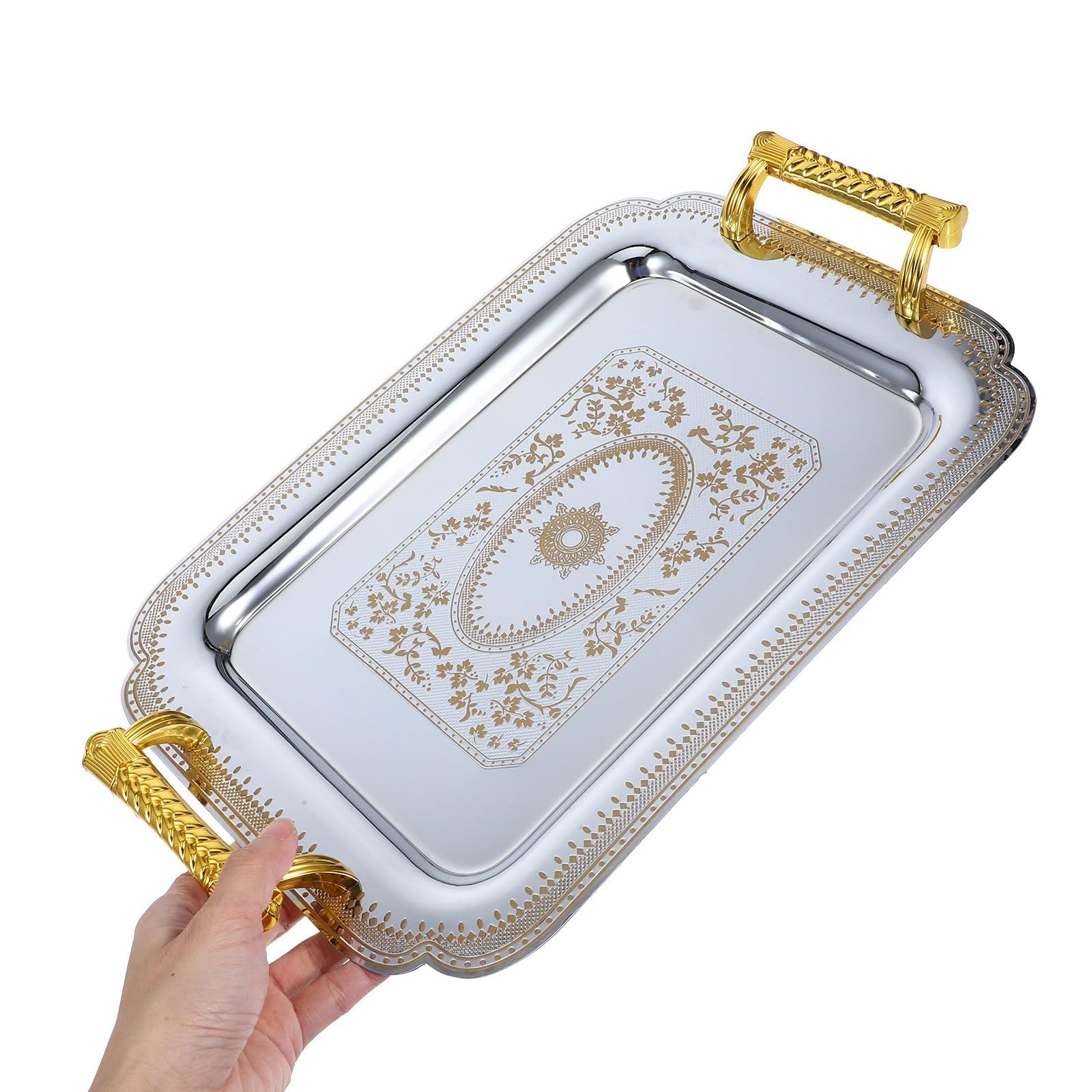Bandeja de Servir Europea Vintage Dorada de Acero Inoxidable | Buffet y Eventos, Reutilizable y Fácil de Limpiar, No se Deforma Rompe