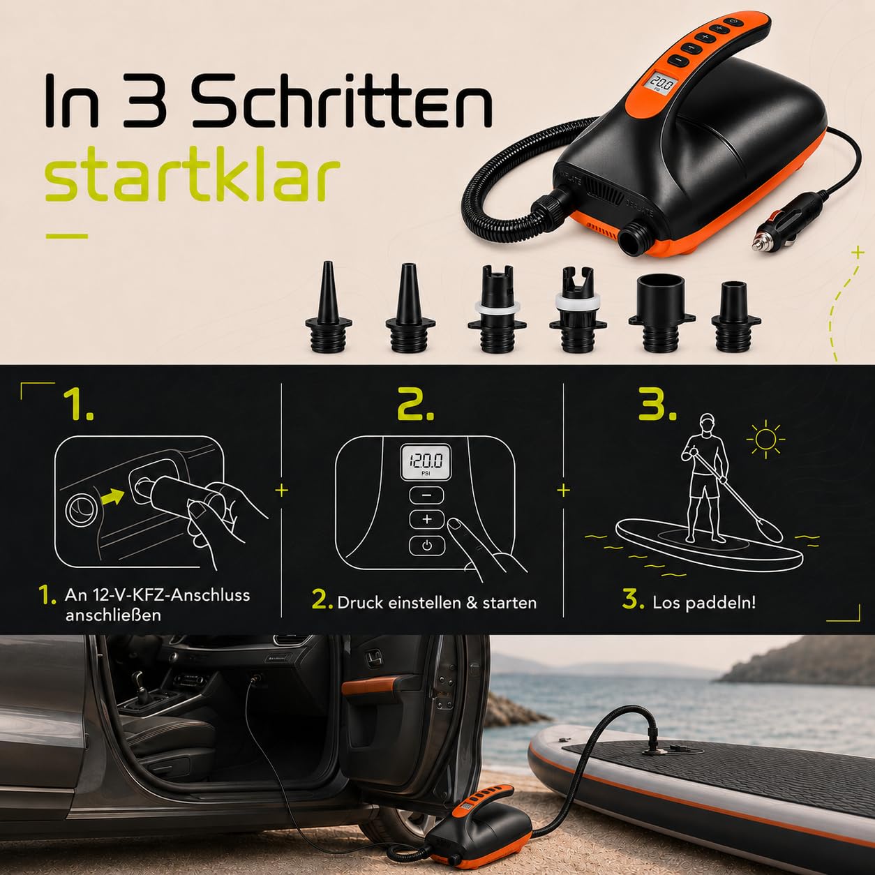 SkinStar elektrische SUP Board Pumpe 2-Stufen Kompressor Luftpumpe 20 PSI