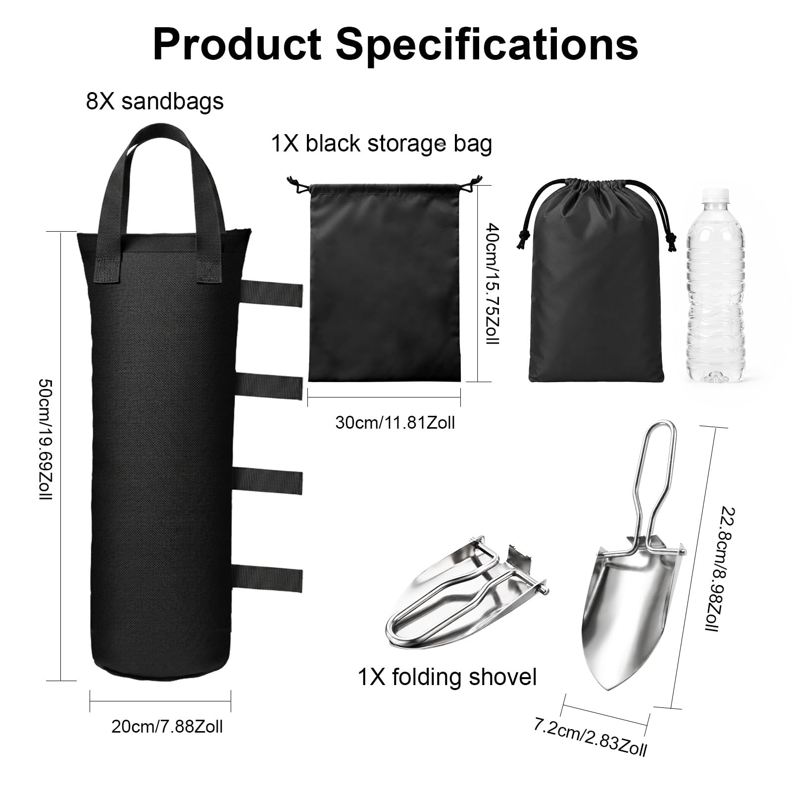 8 Pesi per Gazebo, Tessuto Oxford 800D, 20 x 50 cm, Sacchi di Sabbia per Pesare con Pala e Custodia, per Tende, Ombrelloni, Campeggio e Fotografia, Nero