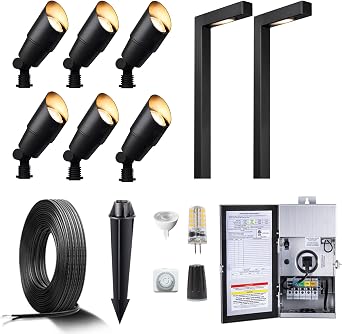 Gardenreet Black Brass Landscape Lighting Kit 6 Spotlights, 2 Path Lights with 150W Low Voltage Transformer and 100 Feet Cable and 30 Pack Wire Connectors for Outdoor Garden Patio Pathway