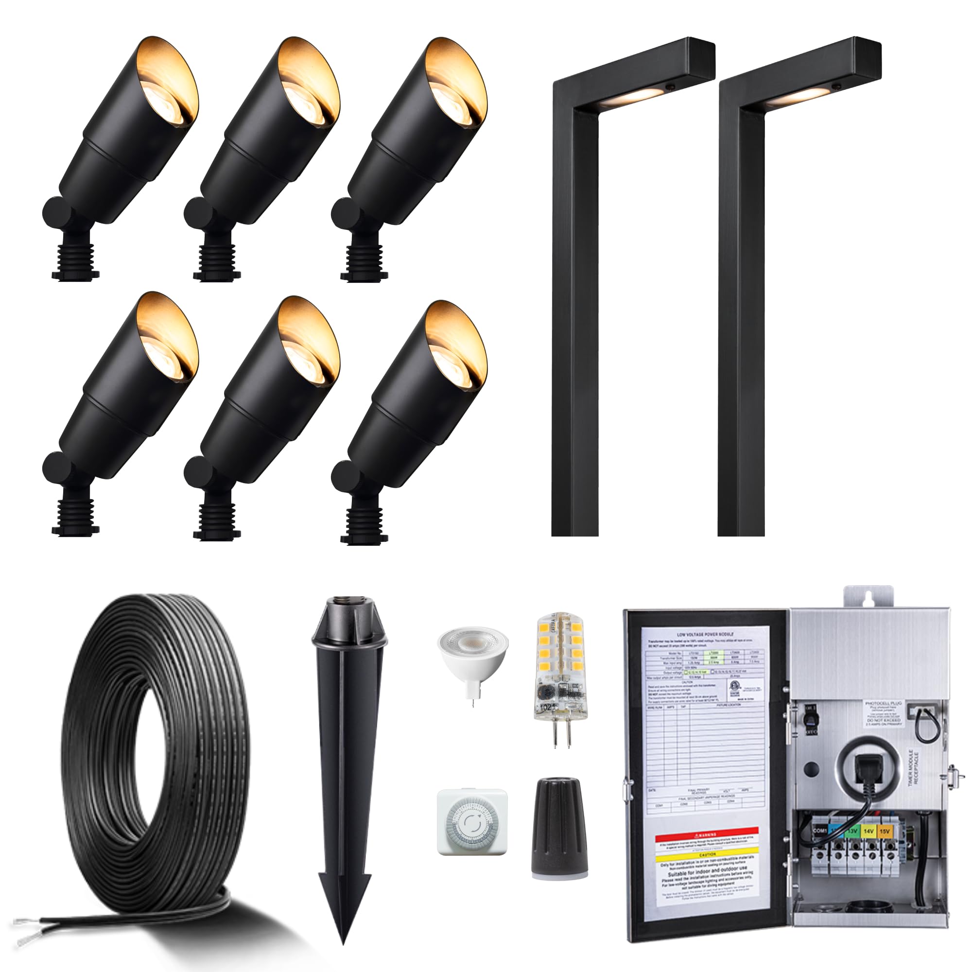 Gardenreet Black Brass Landscape Lighting Kit (6 Spotlights, 2 Path Lights) with 150W Low Voltage Transformer and 100 Feet Cable and 30 Pack Wire