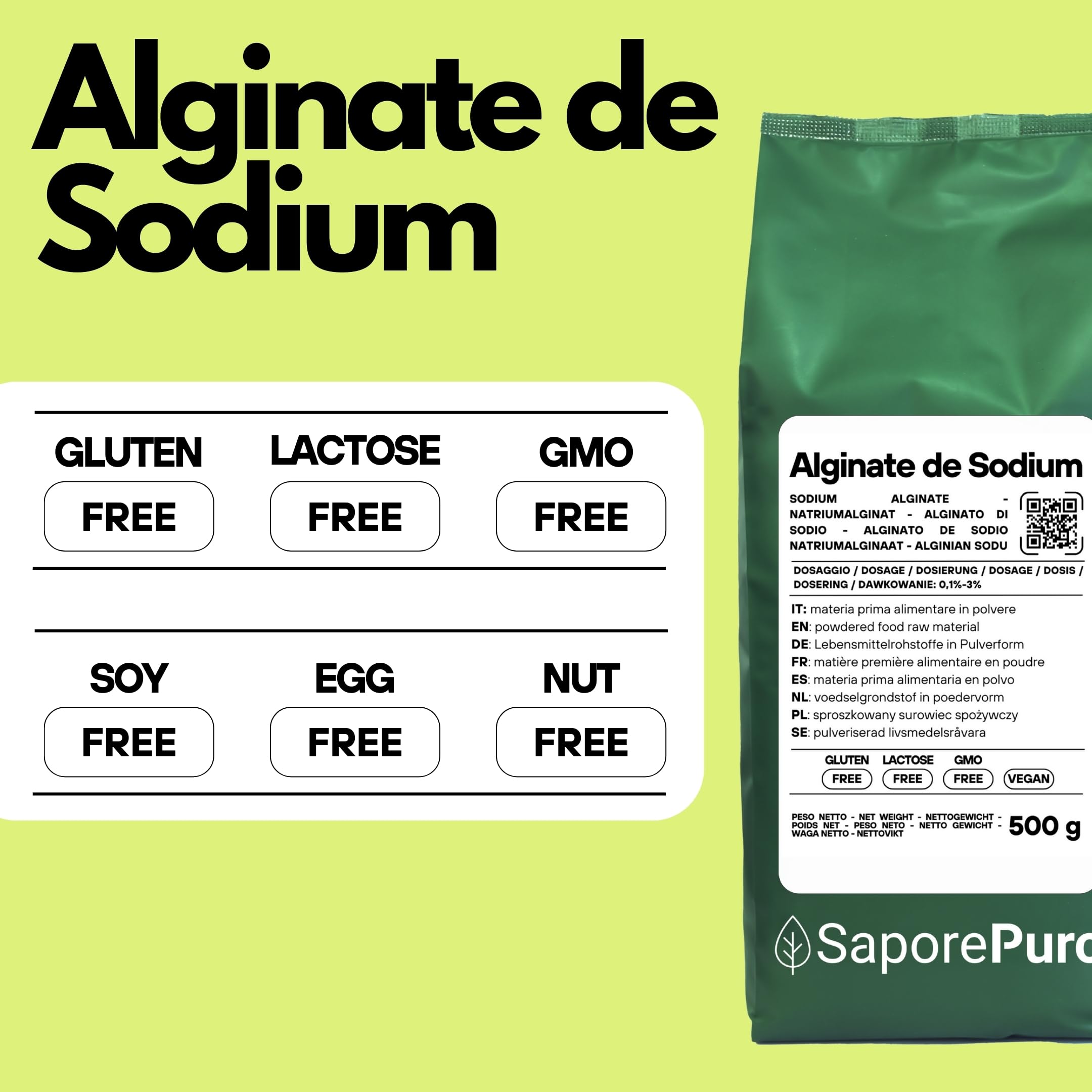SaporePuro Alginate de Sodium en poudre 500 g – Épaississant, Gélifiant et Stabilisant Alimentaire – Idéal pour la Cuisine Moléculaire – Sans Gluten