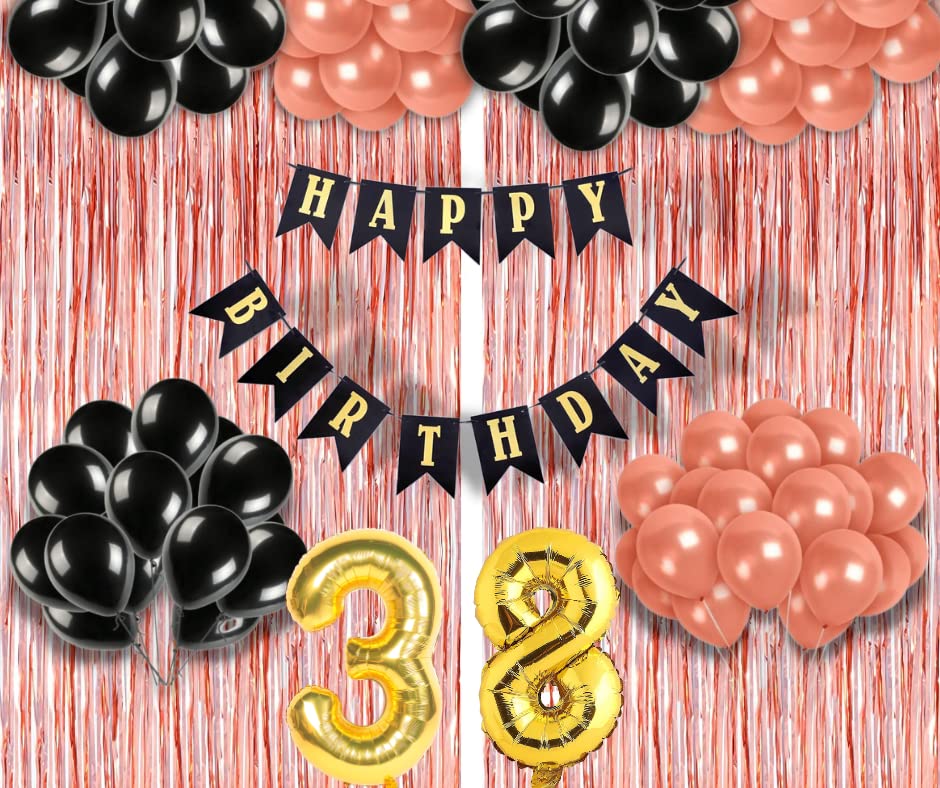 Image of 38th Birthday Decoration items for Girls with Black and Rose Gold Balloons, Black Happy Birthday Banner, Rose Gold Foil Curtain, Foil Balloon number 38