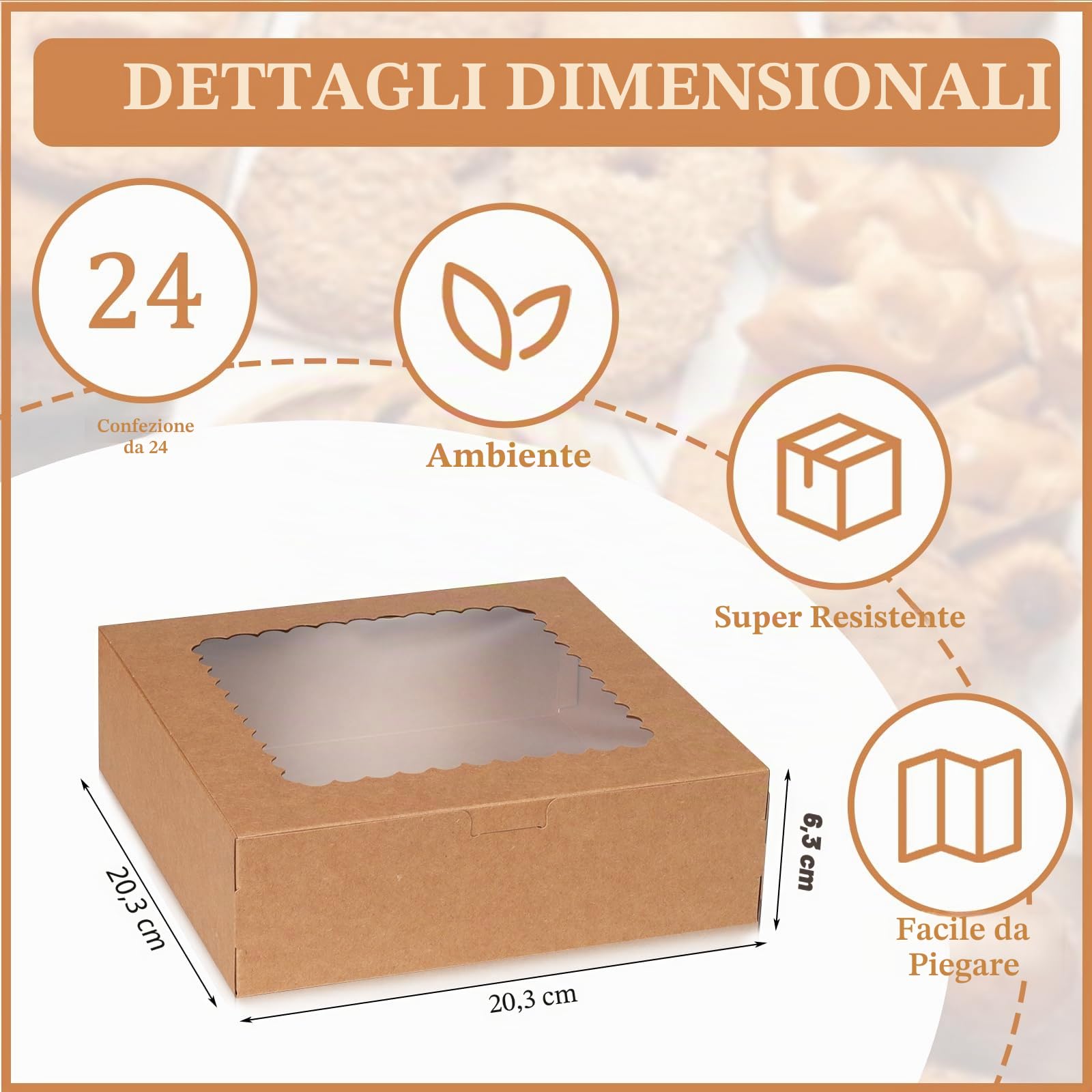 Scatola per Torte da 24 Pezzi, 20,4 x 20,4 x 6,4 cm Scatola per Dolci in Cartone Kraft con Finestra Trasparente per Feste di Natale Biscotti Pasticcini Cupcake Confezioni