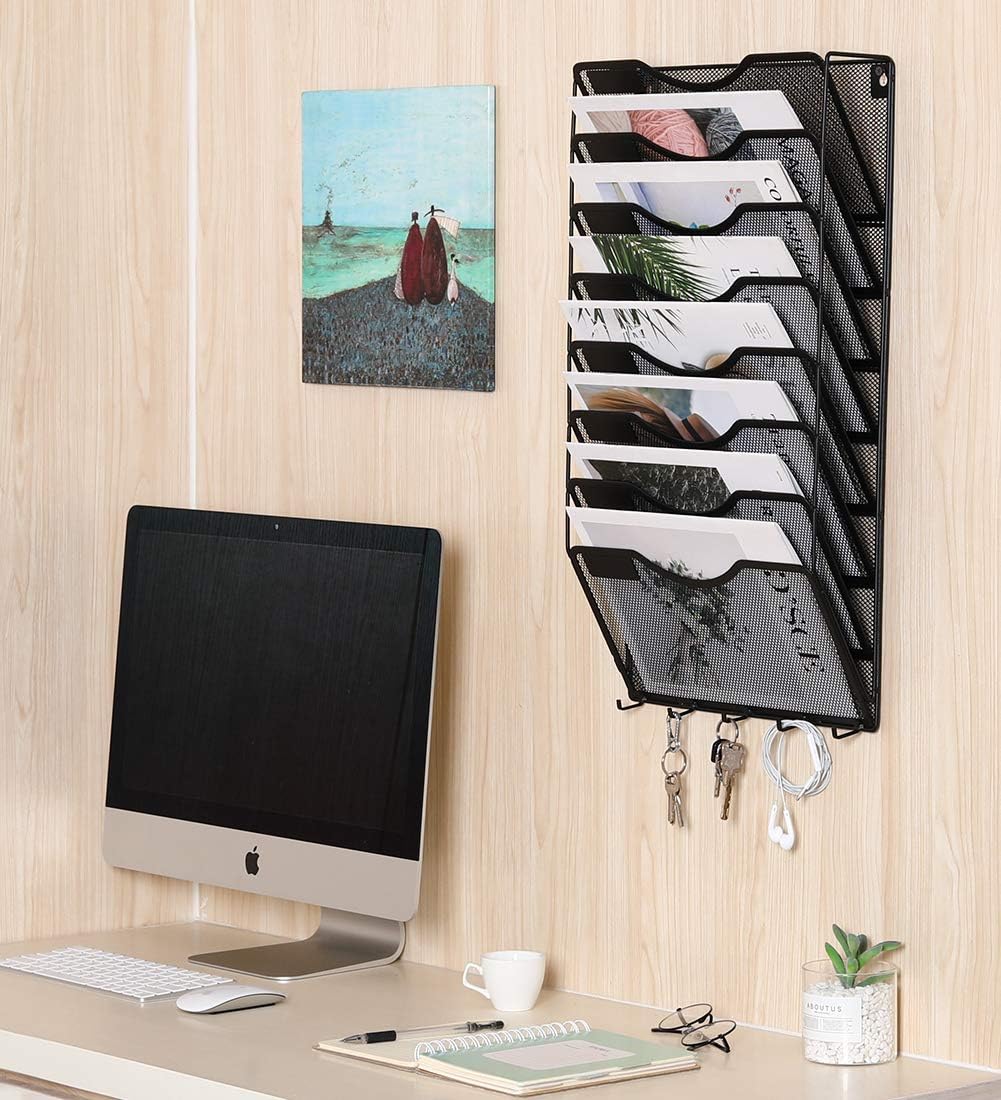 EasyPAG Wall Mount File Organizer 8 Pocket Vertical Hanging File Folders Holder Paper Rack with Key Hooks for Office Home,Black : Office Products