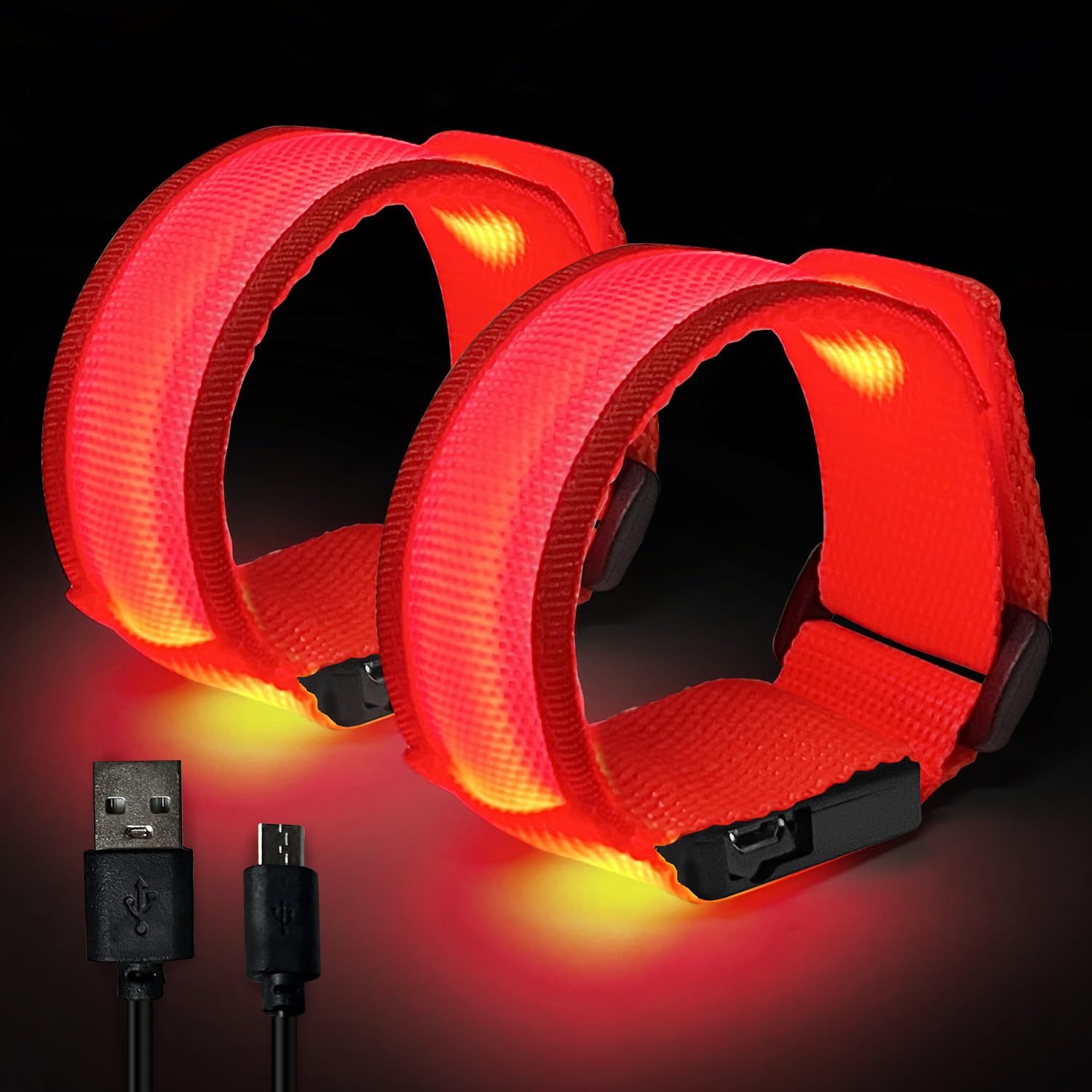 M.best 2 Pack LED Light Up Bracelets, USB Rechargeable Glow Flashing High Visibility Night Safety Wristbands for Running Cycling Walking Camping Night Events