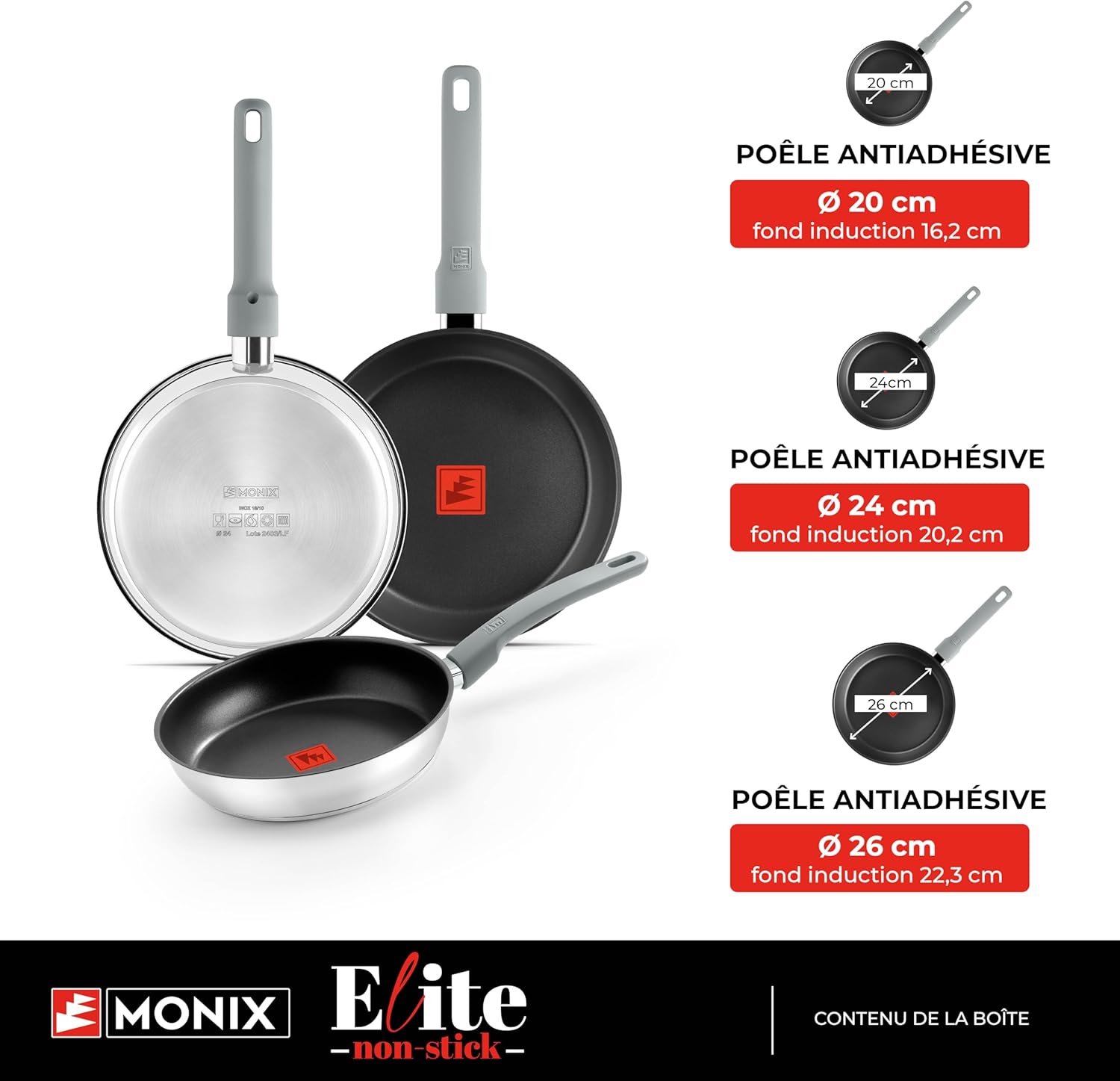 Monix Elite Non Stick Set of 3 Frying Pans, 20-24-26 cm, 18/10 Stainless Steel, Three-Layer Non-Stick Coating, PFOA-Free, TherMonix Temperature Display, Ergonomic Soft Touch Handle