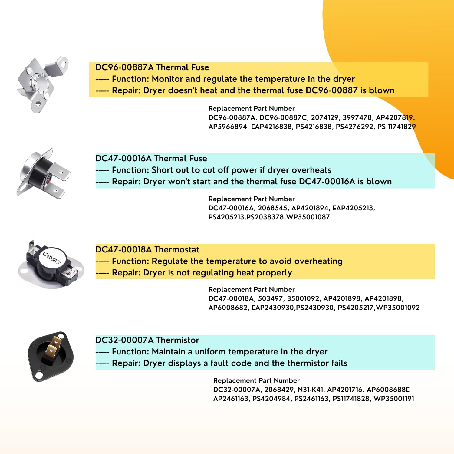 Wibefel Dryer Heating Element Replacement for Samsung DVE50M7450W/A3 DVE45N5300W/A3 DV448AEP/XAA DV395ETPAWR/A1 DV419AEU/XAA DV40J3000EW/A2 D45H7000EW/A2 DV330AEB DV328AEW/XAA DV210AEW/XAA Etc
