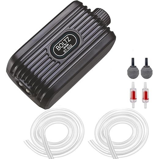 Boltz Aquarium Air Pump, Fish Tank Air Pump with Dual Outlet Adjustable Air Valve 2.5 Liter/Min, Ultra Silent Oxygen Fish Tank Bubbler with Air Stones Silicone Tube Check Valves (4Watt)