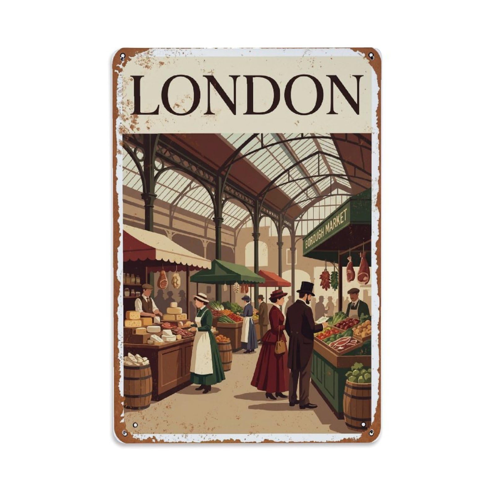 Vintage Travel London Borough Market Food Hall Rusted England Metal Tin Sign Plaque Wall Decor for Cafe, Club Bar, Office, Home Garden Metal Poster 8x12Inch
