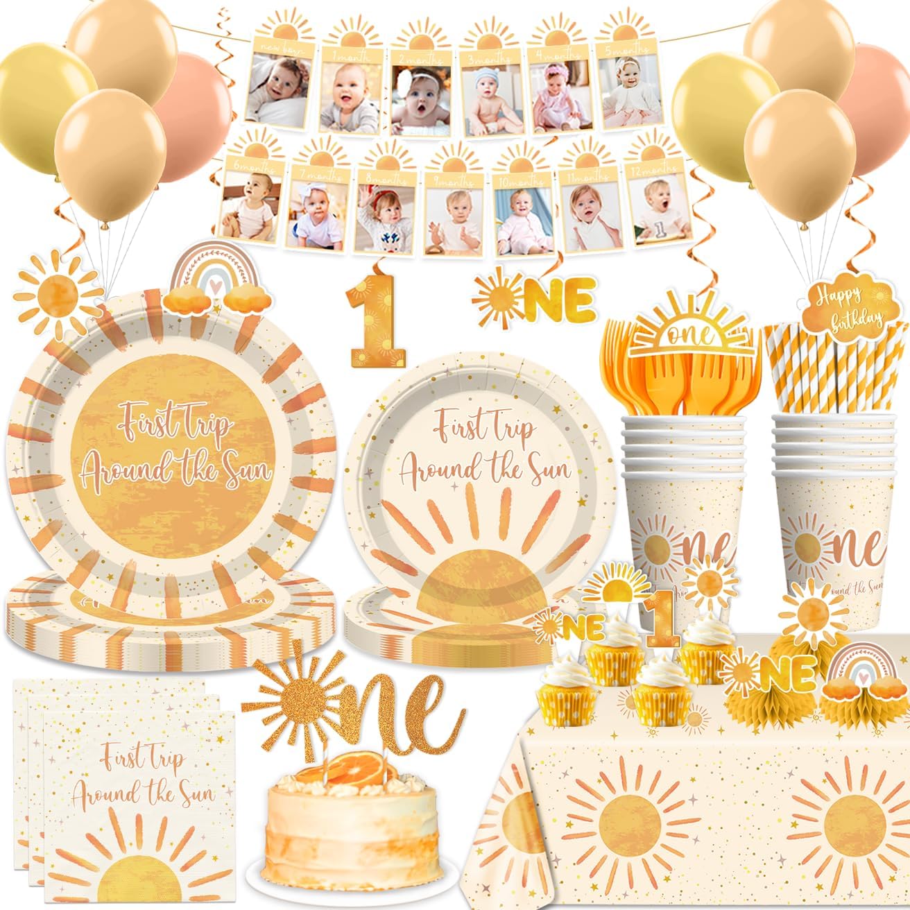 cocomigo Boho First Trip Around The Sun Decorations, with Cake Topper, 25 Serves Sunshine Disposable Tableware Set, Banner Plates Napkins Cup Table Cloth, for 1st Trip Around The Sun Birthday Girl