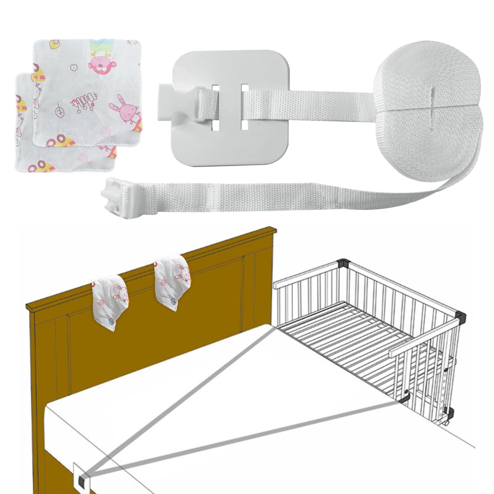 BORISCA Beistellbett Befestigung 8M, Gurt für Baby Beistellbett mit 2 Baby Speichel Handtuch, Beistellbett Gurt Befestigung Universal Gurt (B)