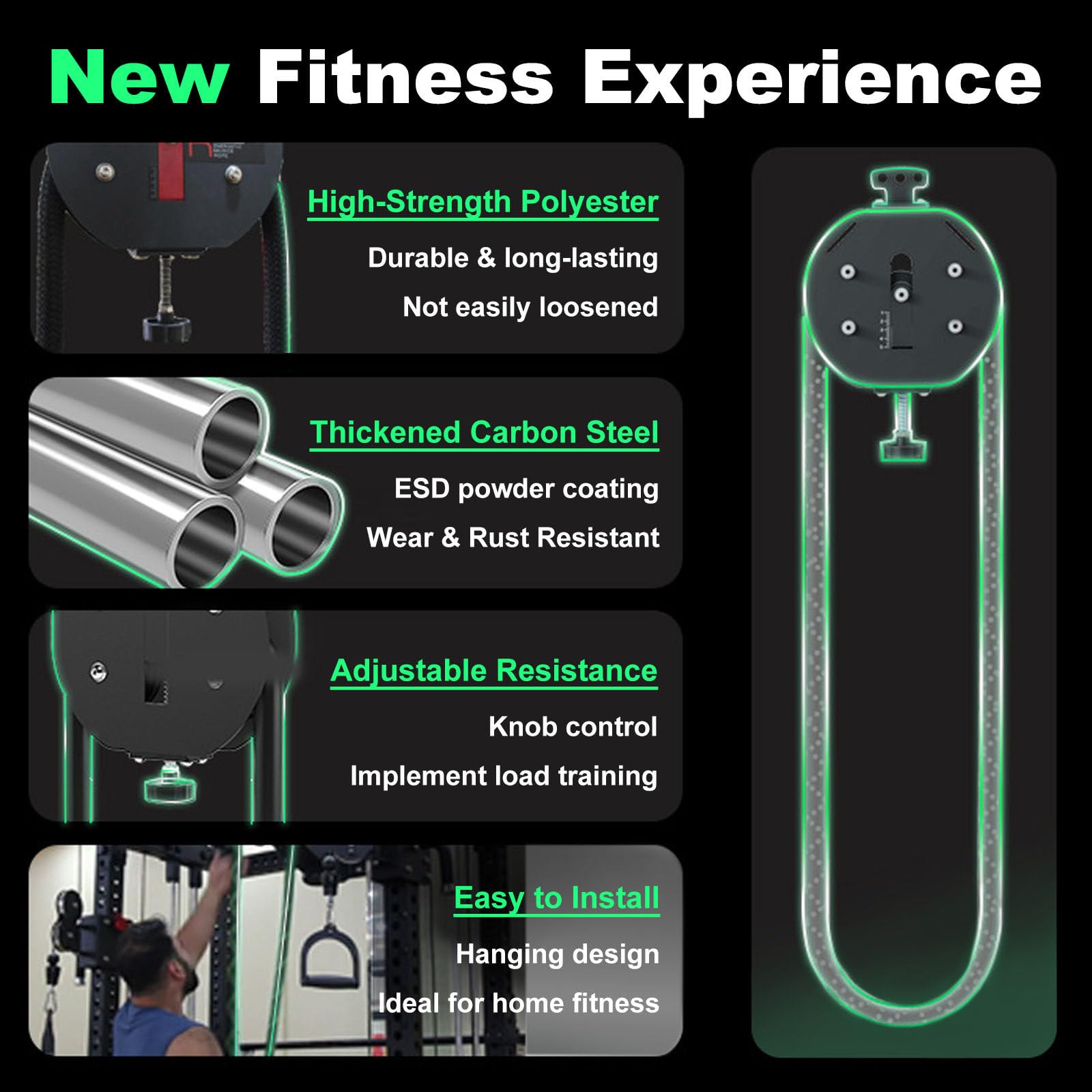Máquina Entrenadora de Resistencia para Gimnasio en Casa | Polea Ajustable de 30 kg con Cuerda para Entrenamiento de Fuerza, Ejercicios de Brazos y Espalda | Portátil con Correas y Mosquetones
