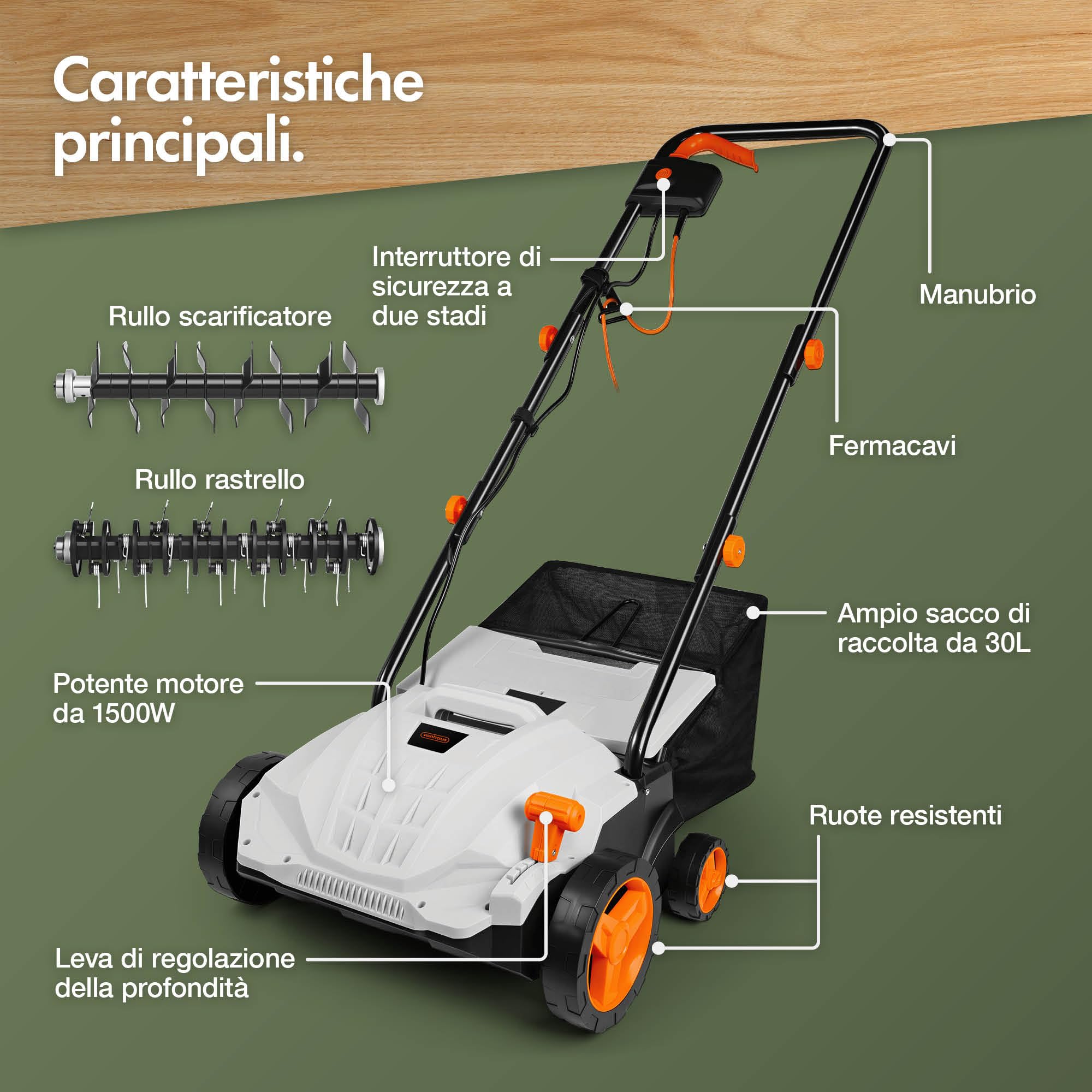 VonHaus Scarificatore Elettrico 1800W 55L 38cm 5 Altezze