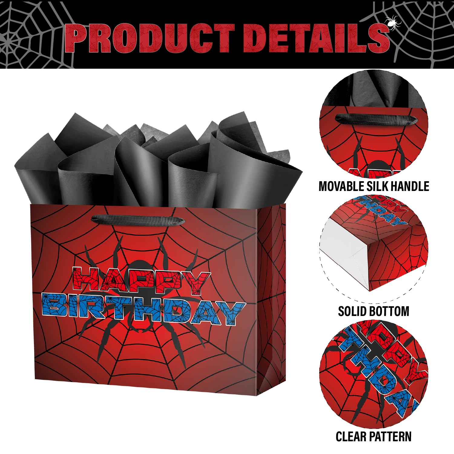 Ranfashiong 16" Red Extra Large Spider Birthday Gift Bag for Kids with Tissue Paper and Card, Spider Webs Design Wrapping for Boys, Girls Halloween Party Decor