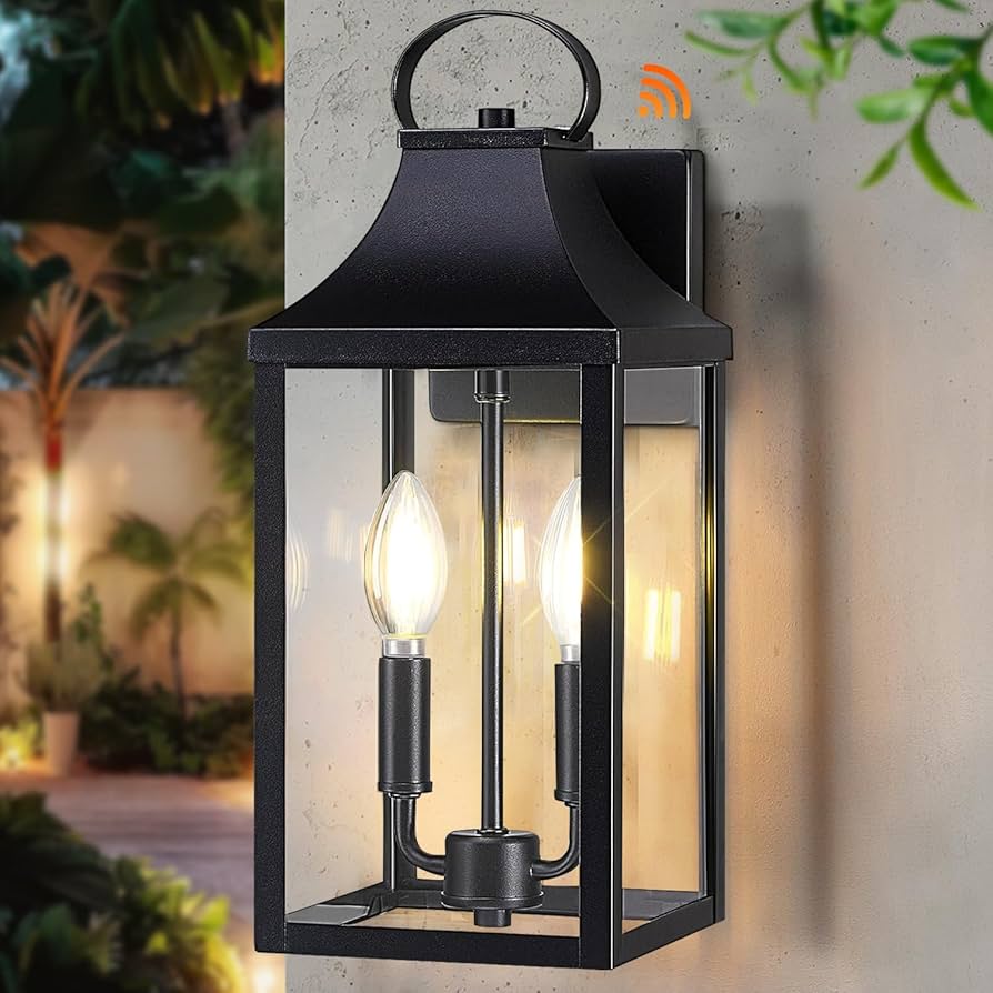 15" Dusk to Dawn Black Outdoor Wall Lantern, Outside Modern Wall Sconce Light Fixture, Porch Light Wall Mount with E12 Socket and Glass, Waterproof Exterior Lamp Lighting for Patio Garage, 1Pack