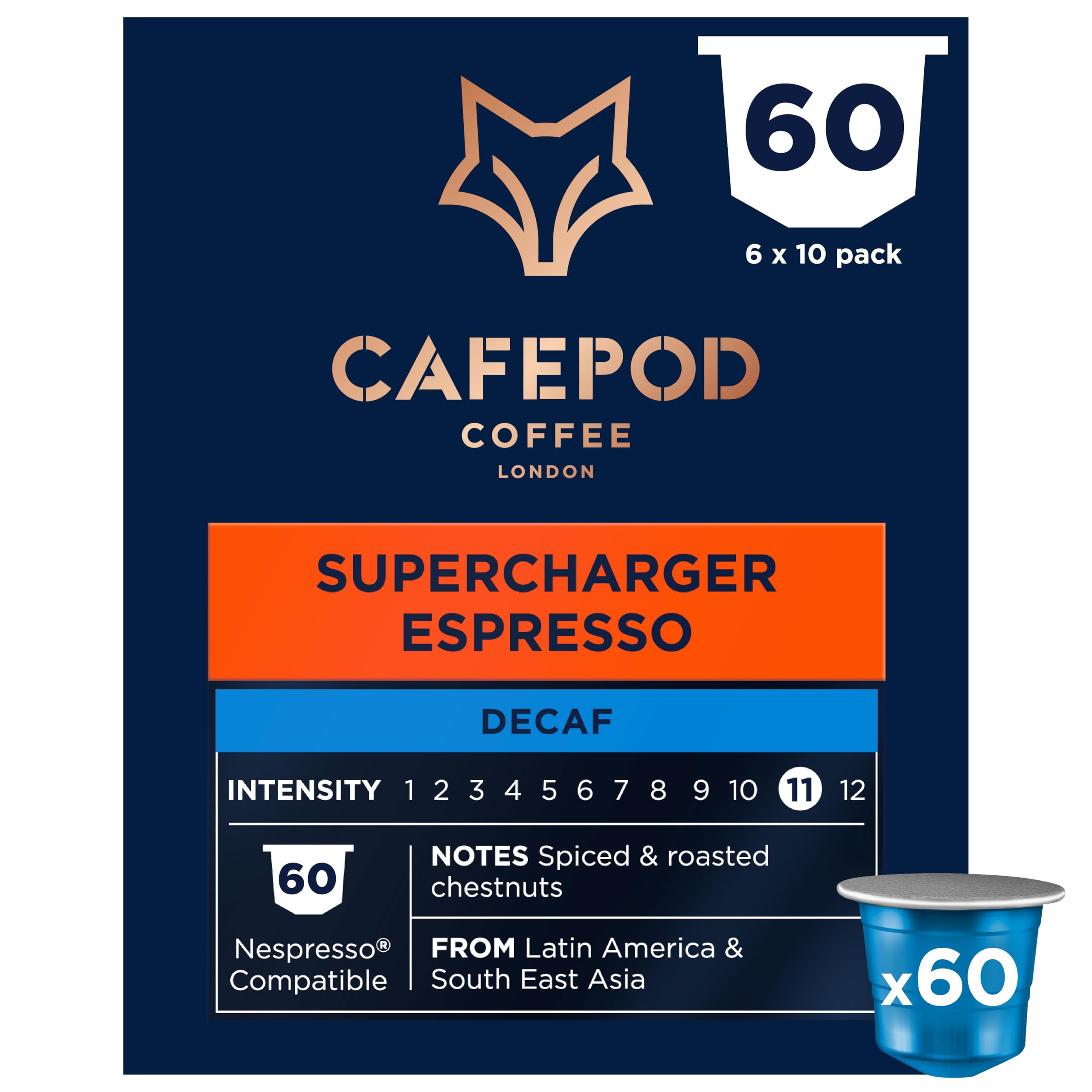 Espresso Decaf Coffee Pods - Compatible with Nespresso Coffee Machine, Intensity 12 with Rich Caramelised Chestnut Notes - Rainforest Alliance Sourced - Decaf Supercharger Espresso 60 Capsules