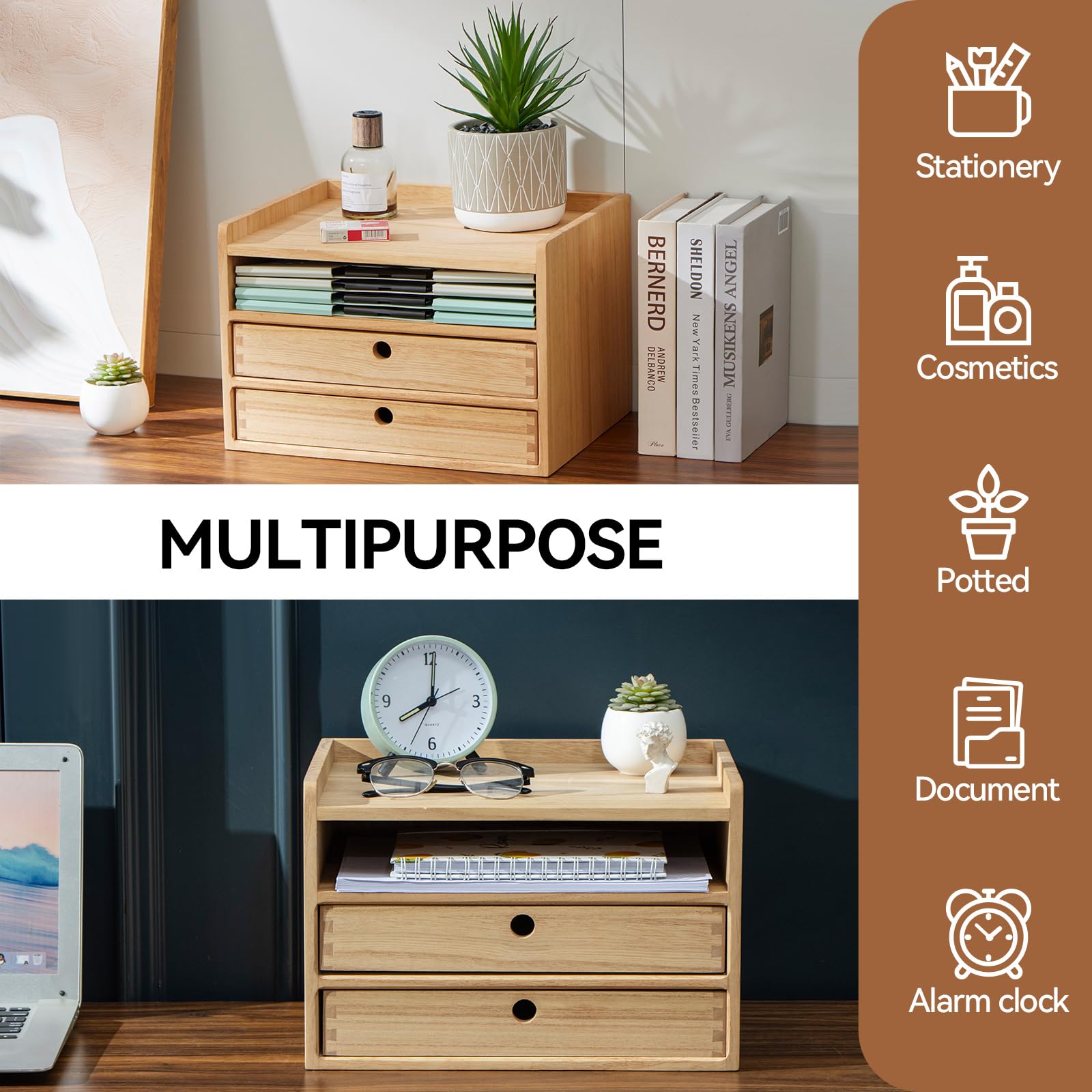 KIRIGEN Houten lade-organizer, desktop-opbergkast, schuifladen voor thuis, kantoor, bureau organisatie en opslag, 12 laden, mini-commode met metalen handgrepen, naturel