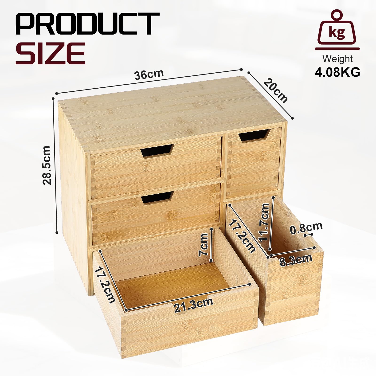 EFUTURETIME Schubladenbox Holz, 36 x 20 x 28,5 cm, Mini Kommode aus Bambus mit 5 Schubladen, Schreibtisch Organizer, Schubladenelement für Teebeuteln, Kaffeekapseln, Stiften, Kosmetika