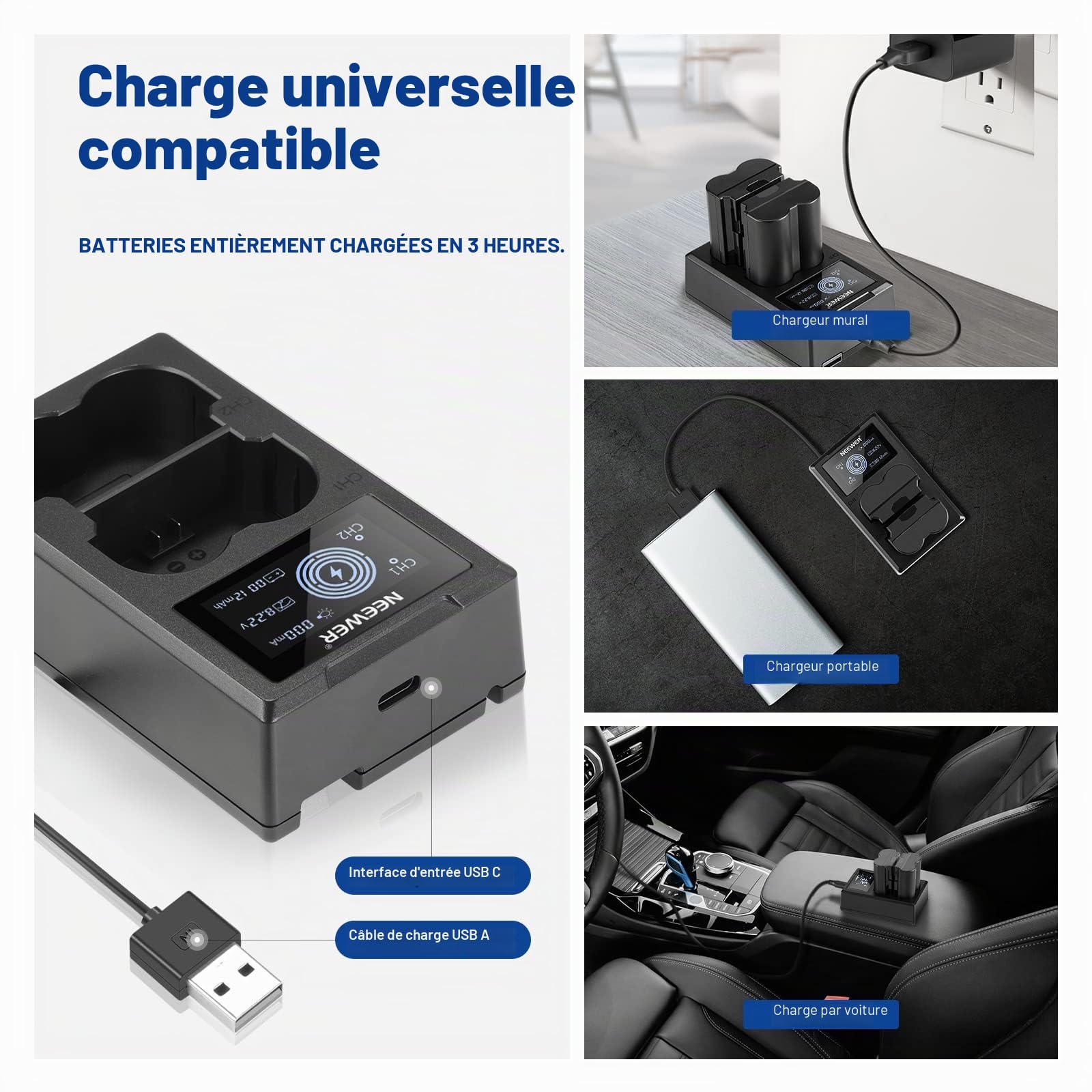 NEEWER NP-W235 Lot de 2 chargeurs de Batterie pour Appareil Photo - Double Fente USB - avec écran LCD - 2400 mAh - Batteries de Rechange compatibles avec Fujifilm X-T5 X-T4 GFX 100S X-H2S GFX 50S II