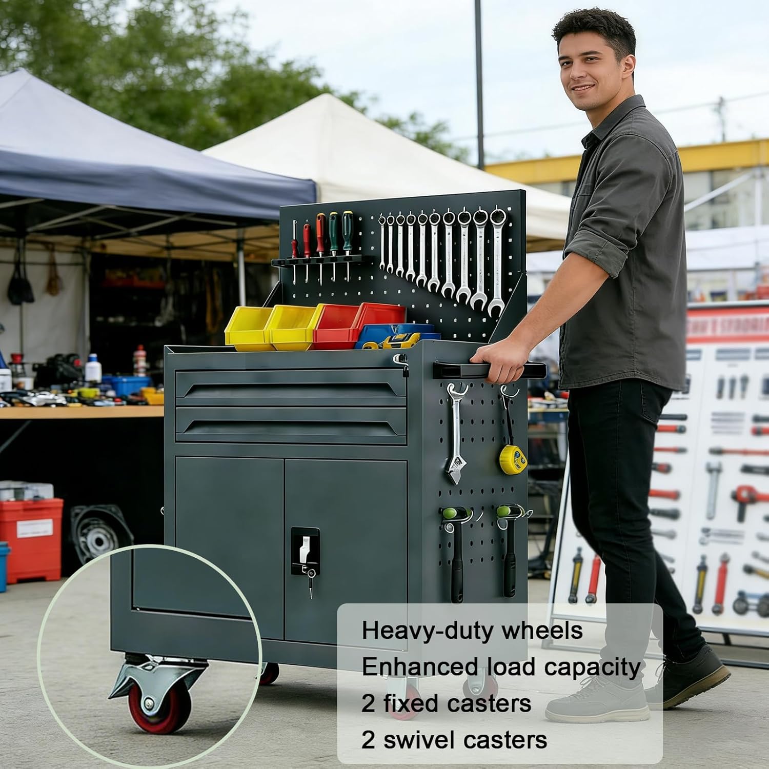 Heavy Duty Rolling Tool Cart, Mobile Tool Chest with Locking Wheels, Mobile Tool Storage Cabinet, with 2 Lockable Drawers, Adjustable Shelf, for Garage Workshop (Grey)