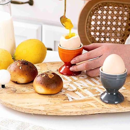Miniatura 5 de UNICASA Juego de 6 vasos de cerámica para huevos de porcelana coloridos, soporte para huevos duros suaves, aptos para microondas y lavavajillas