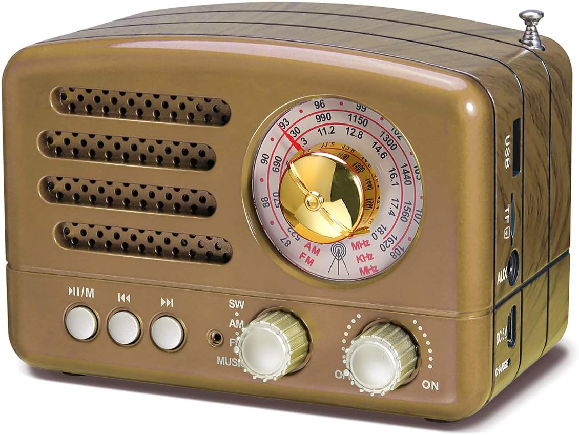J-160 Retro Vintage AM FM Radio with Bluetooth Speaker, USB/TF Card Playback, Small Transistor Radios Battery Operated, Rechargeable Radio