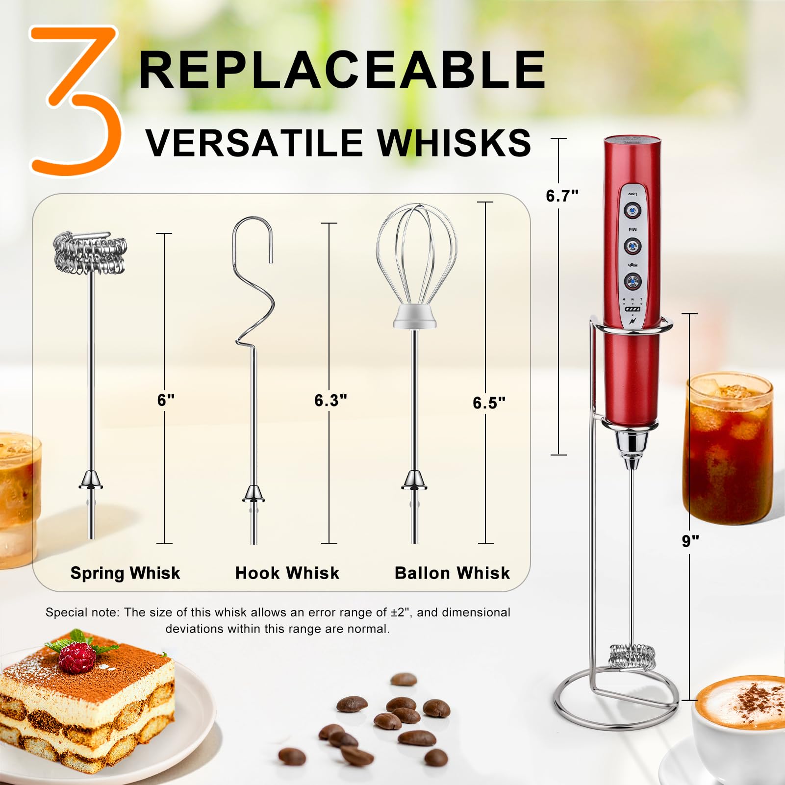 YUSWKO Mousseur à lait portable pour café, fouet électrique rechargeable avec 3 têtes et 3 vitesses, mousseur à café pour latte, cappuccino, chocolat chaud, œuf, rouge avec support