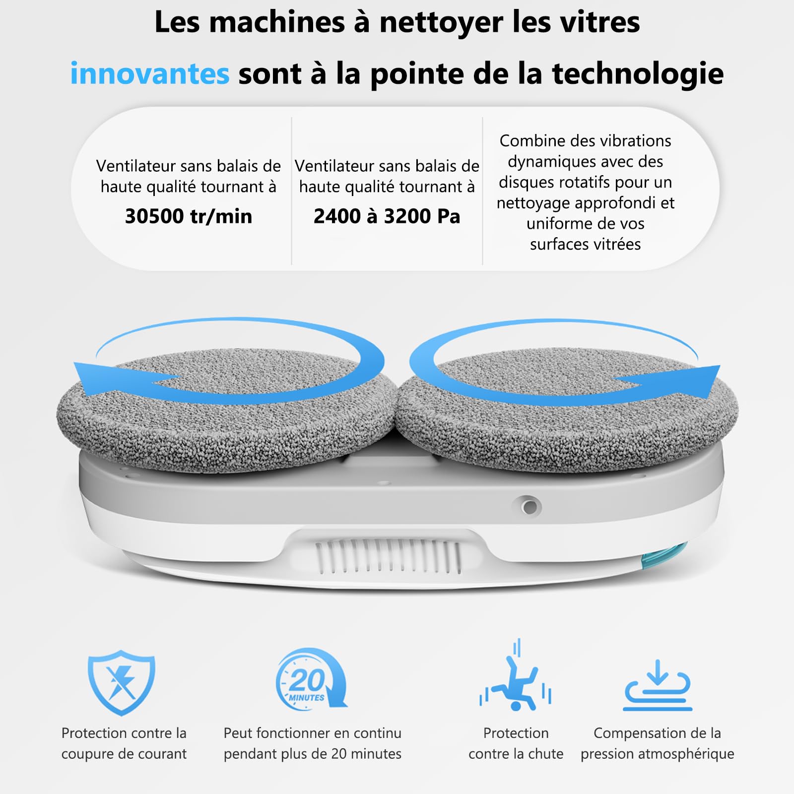 Robot Nettoyeur de fenêtre avec Jet d'eau à pulvérisation ultrasonique bidirectionnelle et réservoir d'eau de 85 ML - Robot de fenêtre avec Forte Puissance d'aspiration (Blanc)