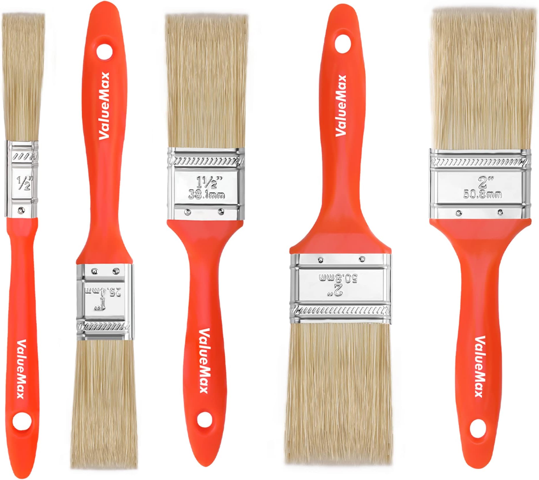 ValueMaxPaint Brushes 5-Pack, Paint Brush Set with 4 Sizes, Professional Wall Brush, Flat Small Paintbrushes with Comfortable Handle for Fences, Doors, Woodwork, Furniture, DIY, Arts Crafts