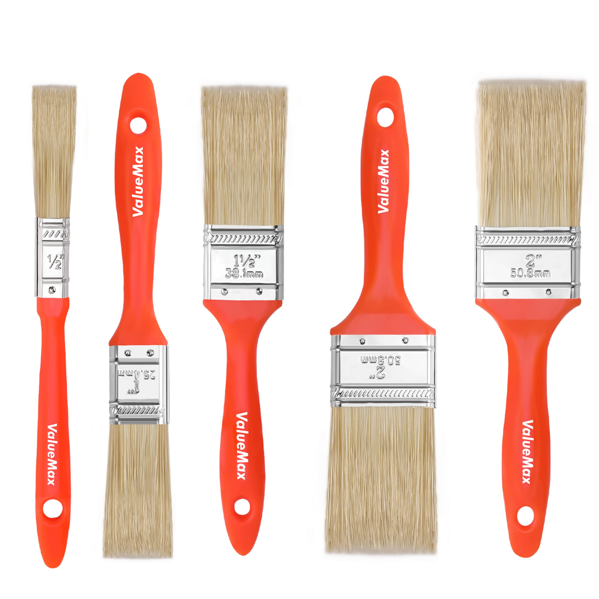 ValueMaxPaint Brushes 5-Pack, Paint Brush Set with 4 Sizes, Professional Wall Brush, Flat Small Paintbrushes with Comfortable Handle for Fences, Doors, Woodwork, Furniture, DIY, Arts Crafts