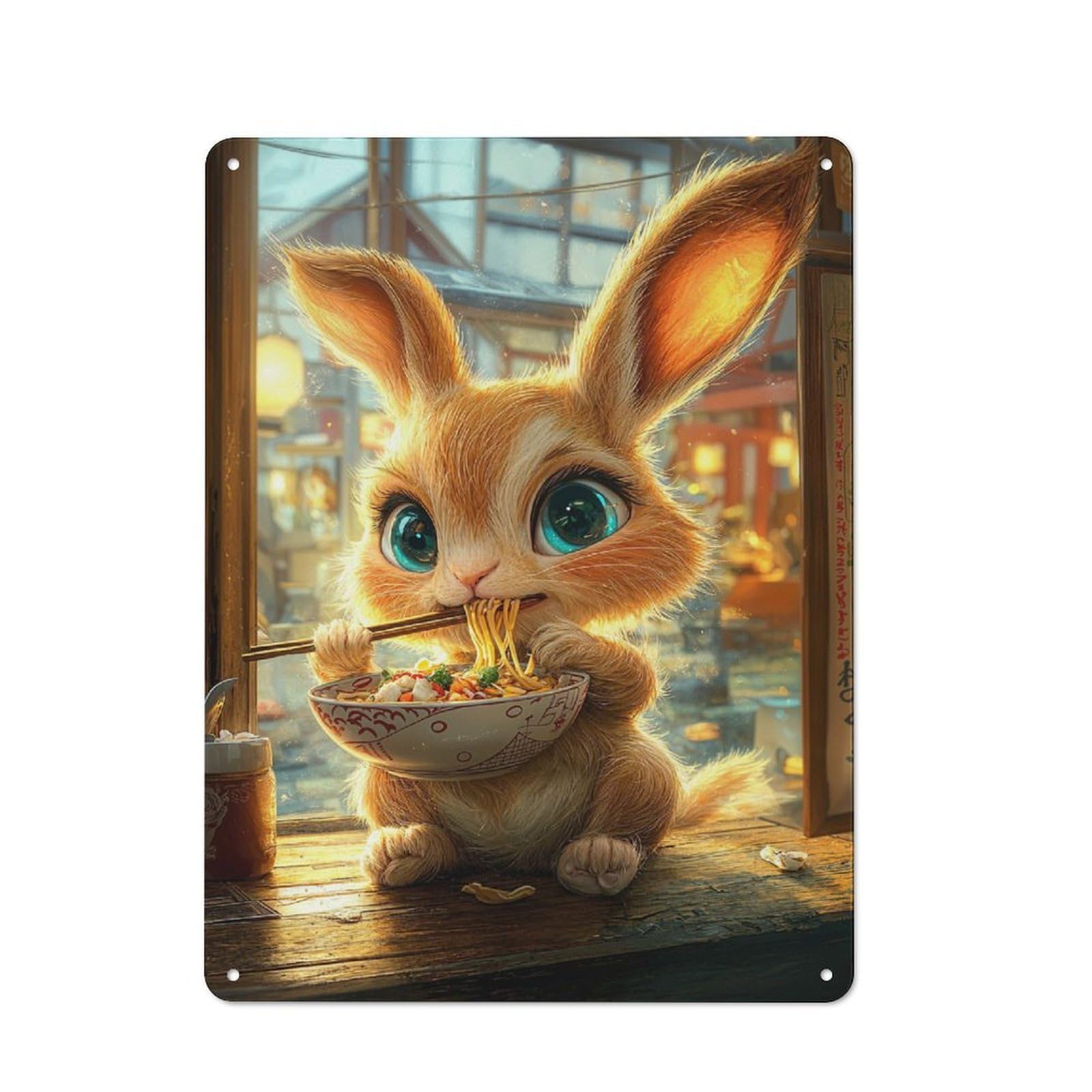 Junmoney Style-10 Cute Bunny Eating Ramen Vintage Metal Sign 40X30cm For Hobby Room Or Studio, Housewarming Present For People Styling Hobby Room And Studio