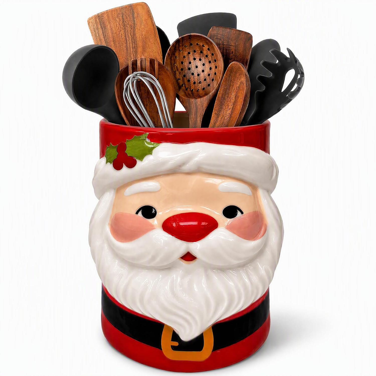 Taesun Christmas Ceramic Utensil Holder, Santa Claus Kitchen Decor, 3 Santa Countertop Storage Crock for Cooking Utensils, Baking Tools, Holiday Decoration for Xmas Home Party