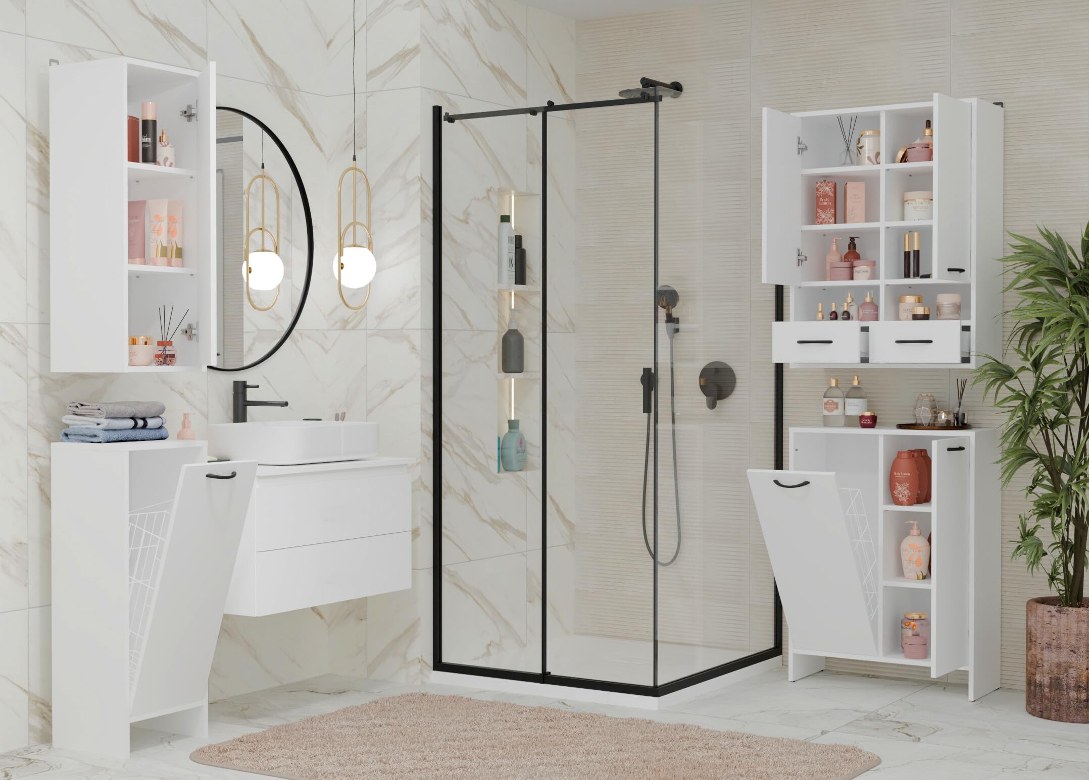 ARREDO DA CASA Pensile Bagno Sospeso Moderno 35x90x30 cm, 1 Anta con 3 Vani Interni e Maniglia Nera, Mobile Sospeso Bagno in Nobilitato, Mobiletto Bagno e Lavanderia, Bianco Opaco, PBT3