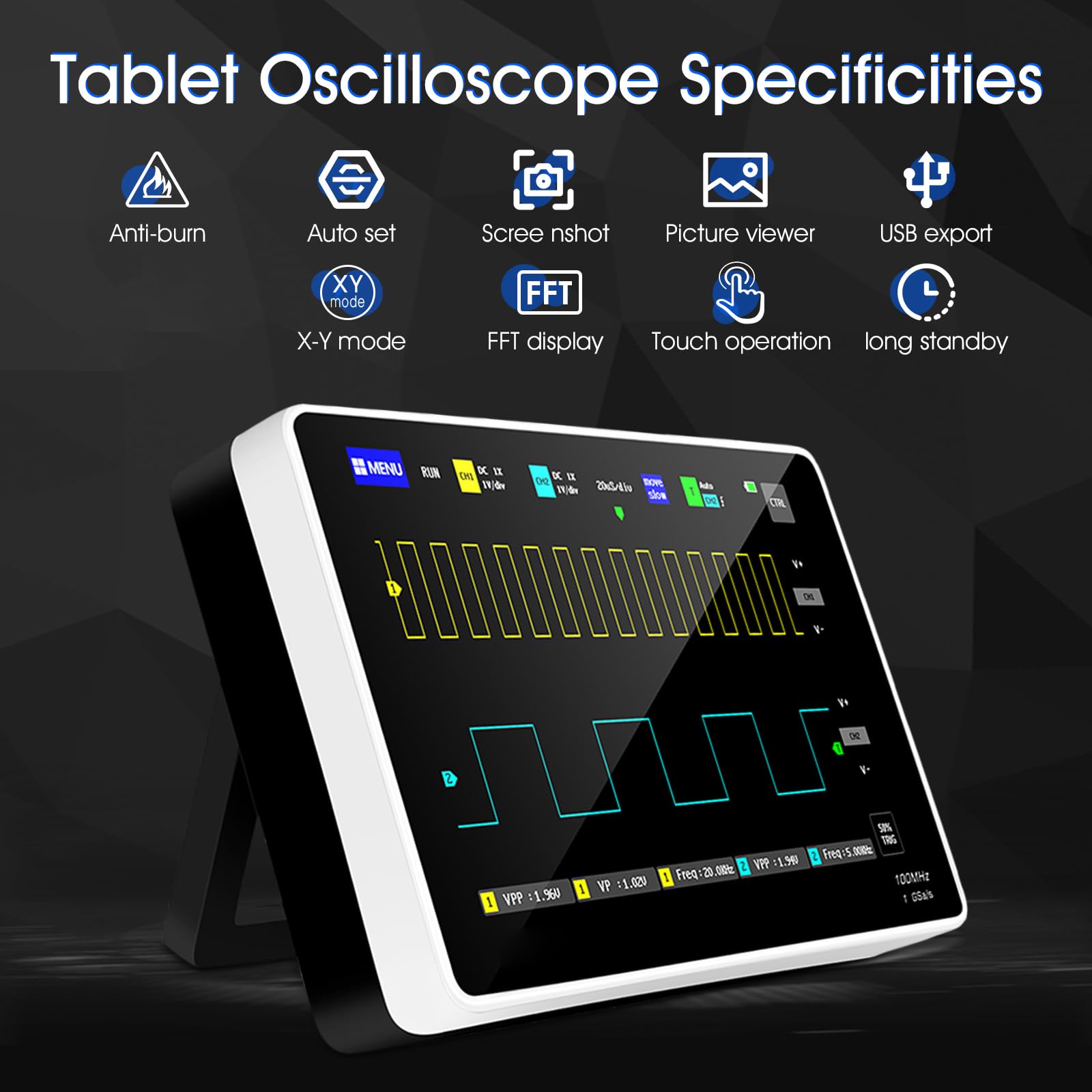 Oscilloscopio Portatile Oscilloscopio Digitale 1013d Multimetro a 2 canali, larghezza di banda 100 MHz, schermo LCD touch screen, frequenza di campionamento 1GSa/s, memoria da 1 GB