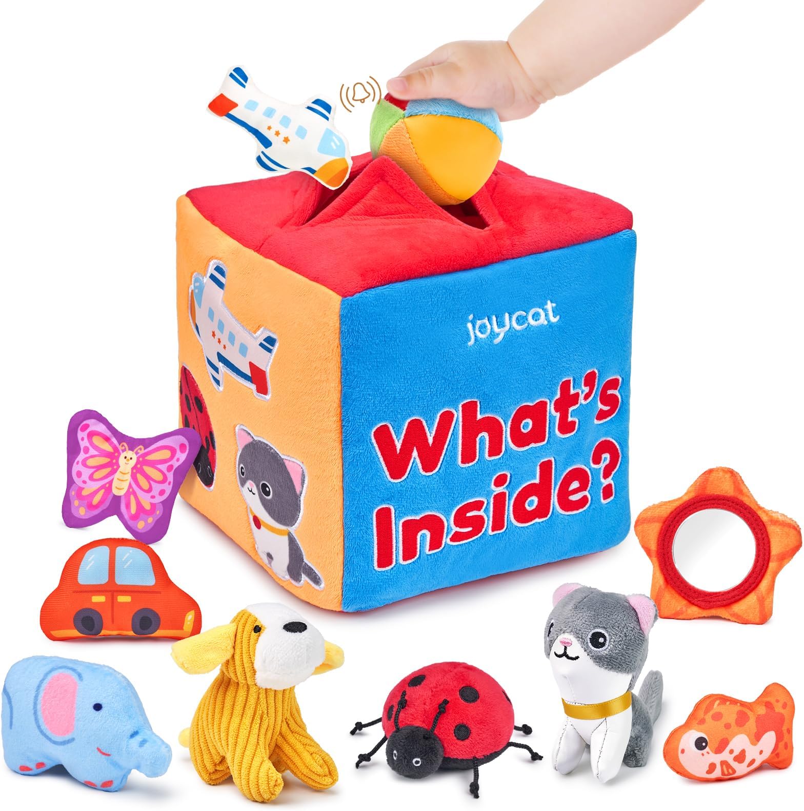 - JoyCat Baby Toys 6-12 Months - Mystery Soft Box with 10 Sensory Objects, Rattle, Crinkle Paper, Mirror - What's Inside Box Infant Gifts, Soft Busy Toys 1-2 - Baby Easter Basket Stuffers Gifts